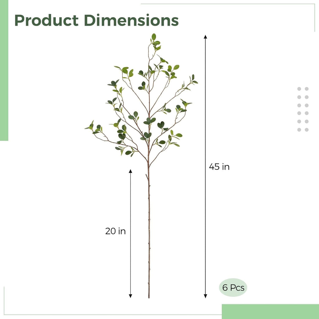 OMISTAR 6 Pcs Artificial Plants Green Milan Leaf Branches, 45 in Faux Greenery Stems for Vase, Bendable Branches, Realistic Green Leaves for Home Decor, Indoor Outdoor