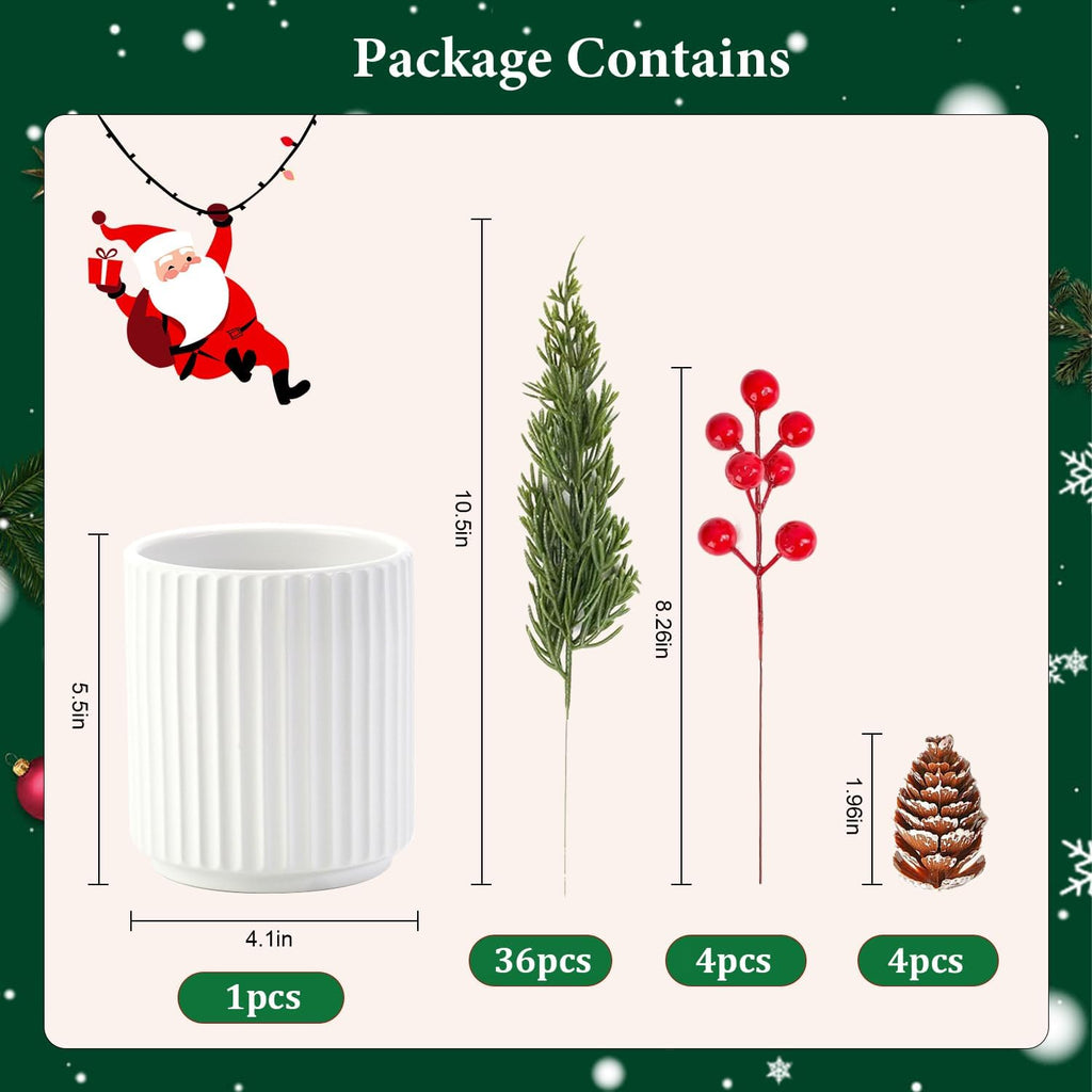 HOMCDALY Christmas Artificial Pine Branches with Red Berry and Pinecone for Tabletop Christmas Decorations, Fake Plants with Ceramic Pot, Small Chritstmas Tree for Home Décor, Christmas Decor Indoor