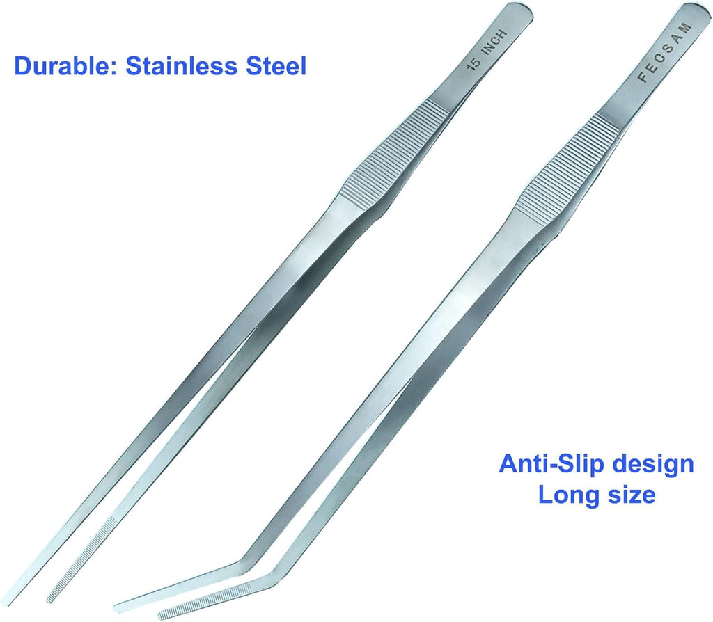 Aquarium Aquascape Tools Kit + Brush - 15 inch Stainless Steel Aquatic Tweezers/Feeding Tongs, Scissors, Spatula, Algae Scraper, Rake for Fish Tank Cleaning Scrubbing, Trimming, Terrarium Supplies