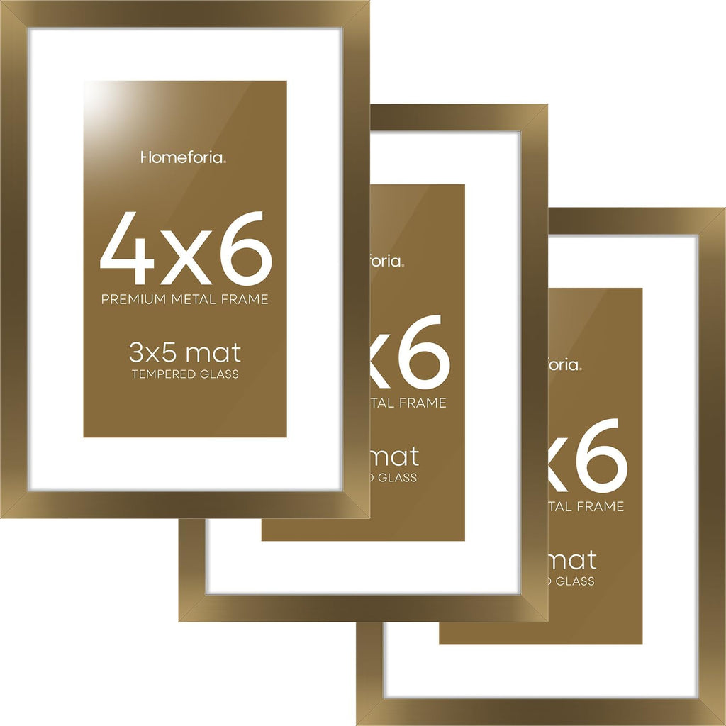 Homeforia 4x6 Picture Frame Bronze, High End Metal 4 x 6 Brass Frames with Mat 3 x 5 for Art, 4x6 Desk Frame Matted to 3x5 inch Photo, 4 by 6 Wall or Tabletop Frame, Tempered Glass, Wall Kit, Set of 3