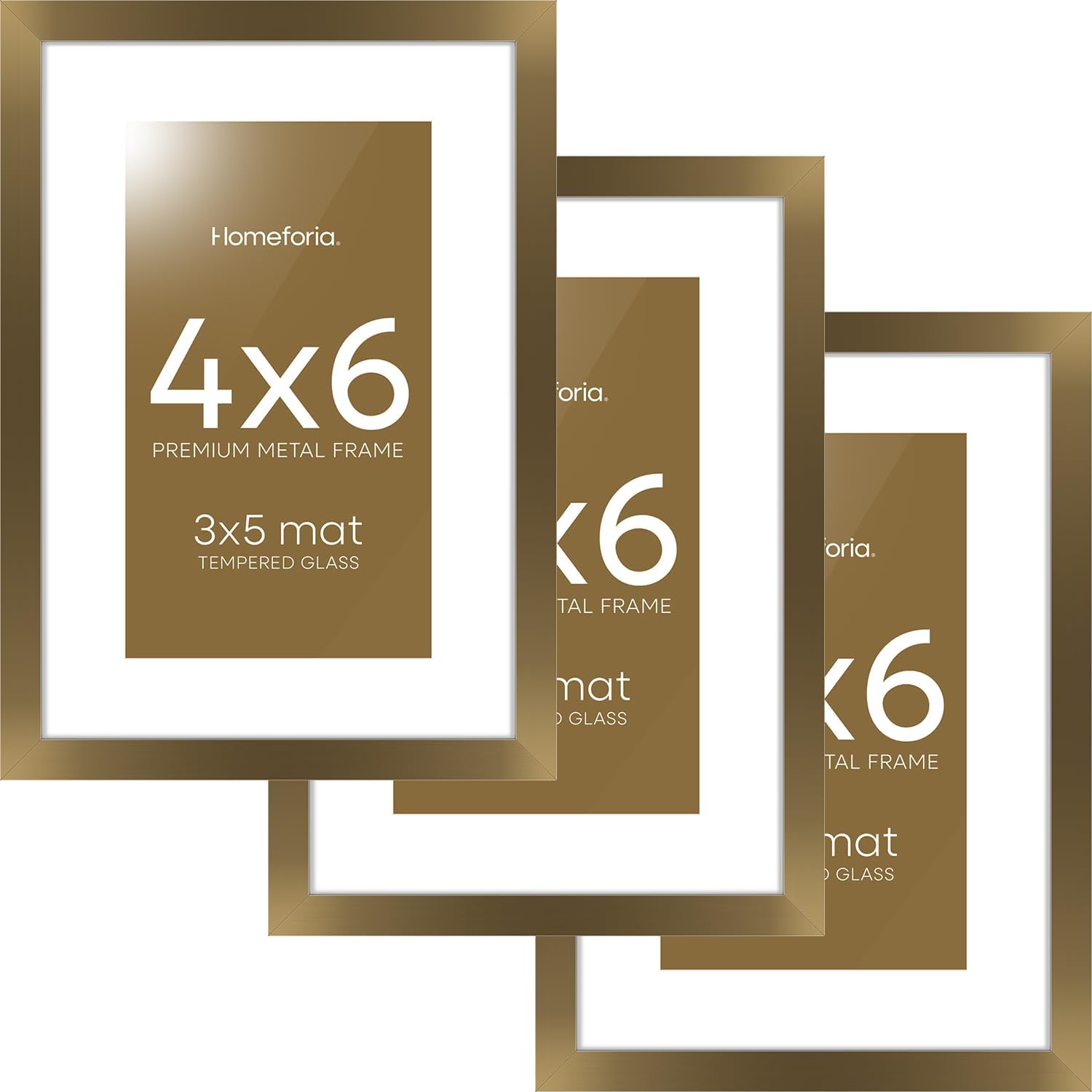 Homeforia 4x6 Picture Frame Bronze, High End Metal 4 x 6 Brass Frames with Mat 3 x 5 for Art, 4x6 Desk Frame Matted to 3x5 inch Photo, 4 by 6 Wall or Tabletop Frame, Tempered Glass, Wall Kit, Set of 3
