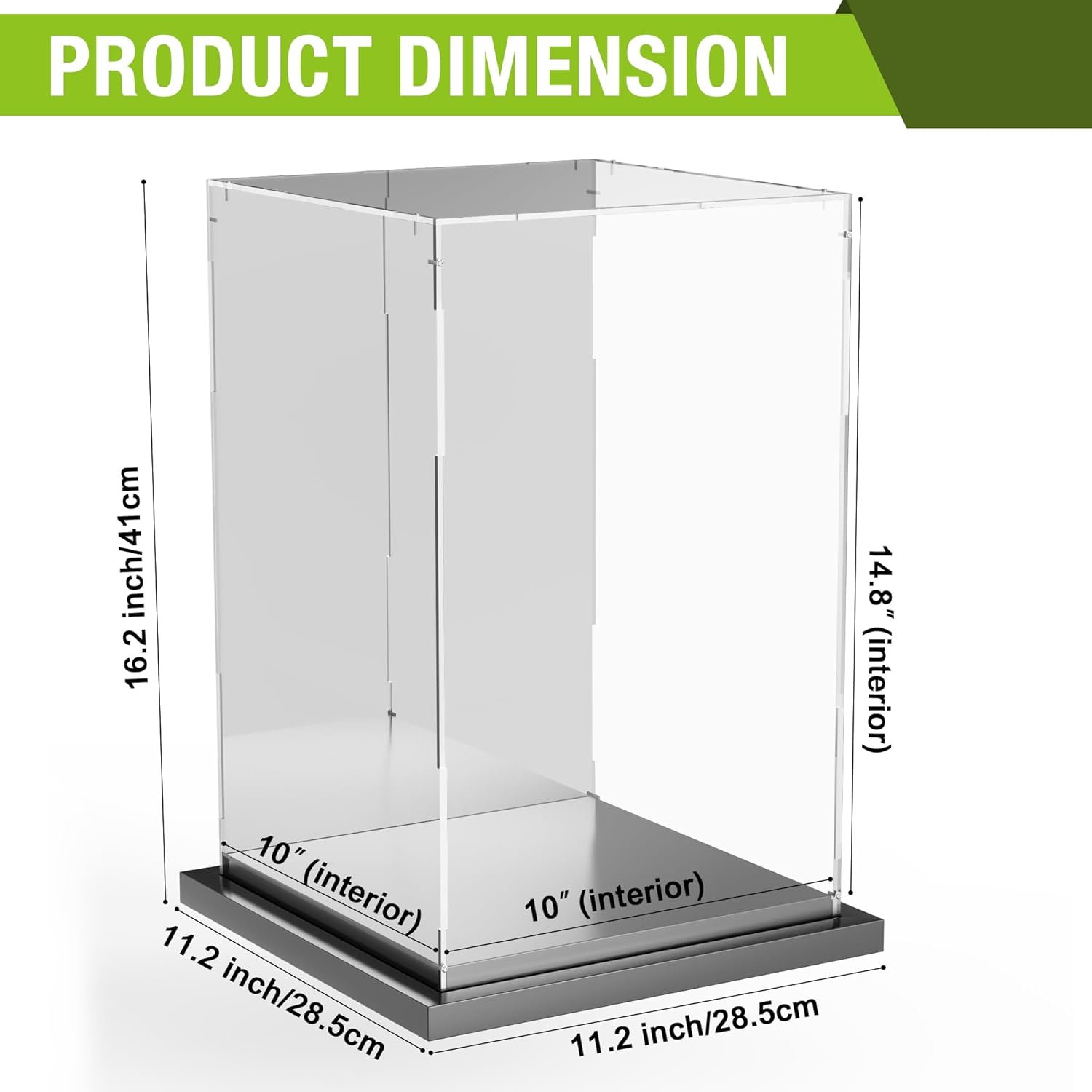 Putros Acrylic Display Case for Collectibles Clear Display Box with Mirror and Black Metal Grooved Base for Toys Figures Doll Collectibles