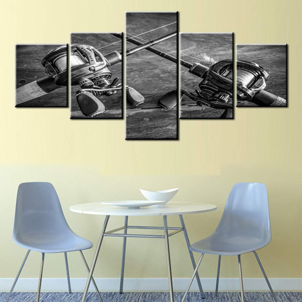 5 Piece Wall Art Fishing Tackle Pictures Printed on Canvas Gray and White Paintings Contemporary Artwork House Decoration Living Room Giclee Framed Gallery-Wrapped Ready to Hang(50”WX24”H)