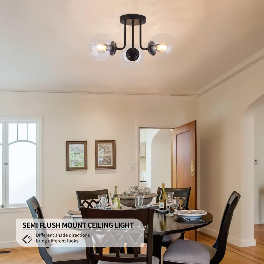 KoKo&Yukina 3-Light Semi Flush Mount Ceiling Light Globe Lights Mid Century Ceiling Light with Clear Glass Globe & Matte Black for Bedroom Hallway Entryway Kitchen Living Room (Bulb Incl.)