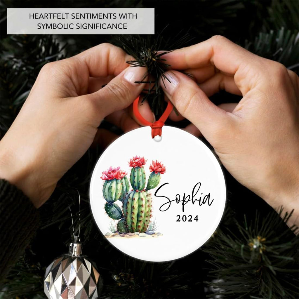 Andaz Press 2.8" Ceramic Porcelain Personalized Christmas Cactus Ornament, Baby Cactus Design, Custom Cactus Christmas Ornaments, Succulent Ornament Cactus Decor, Custom Name Ornament with Ribbon