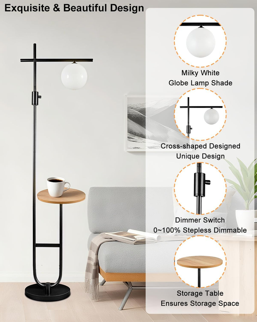 Lightdot 66IN Black Dimmable Floor Lamps with Storage Table, Modern Standing Tall Lamp with Milky White Globe Lampshade, Cross-Shaped Lamp Head and U-Pole Base Style for Living Room/Bedroom/Office