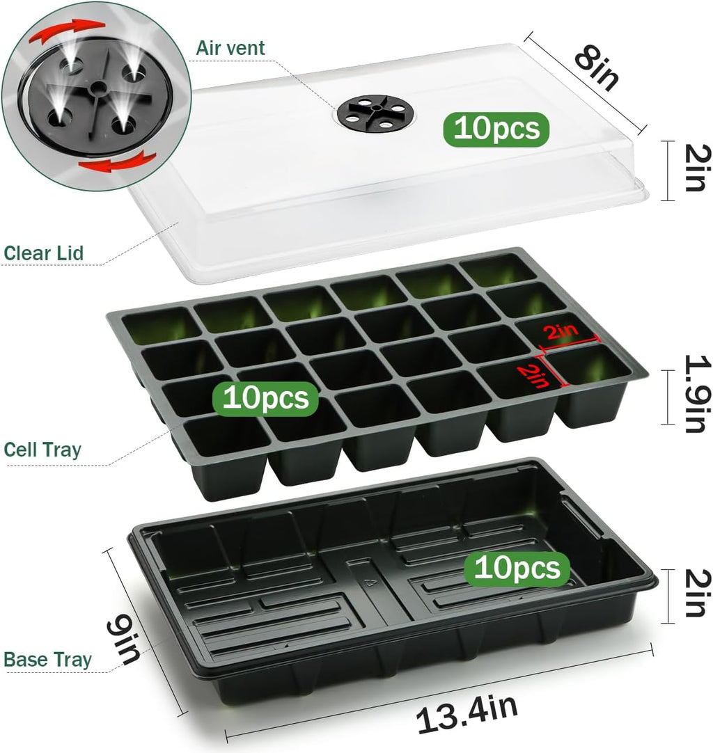 10 Pack XL-Cell Seed Starter Tray, 240 Cells Seedling Trays (2'' Each Cell) with Humidity Dome & Vented Lid, Mini Greenhouse Propagator for Plant Growing, Gardening Supplies