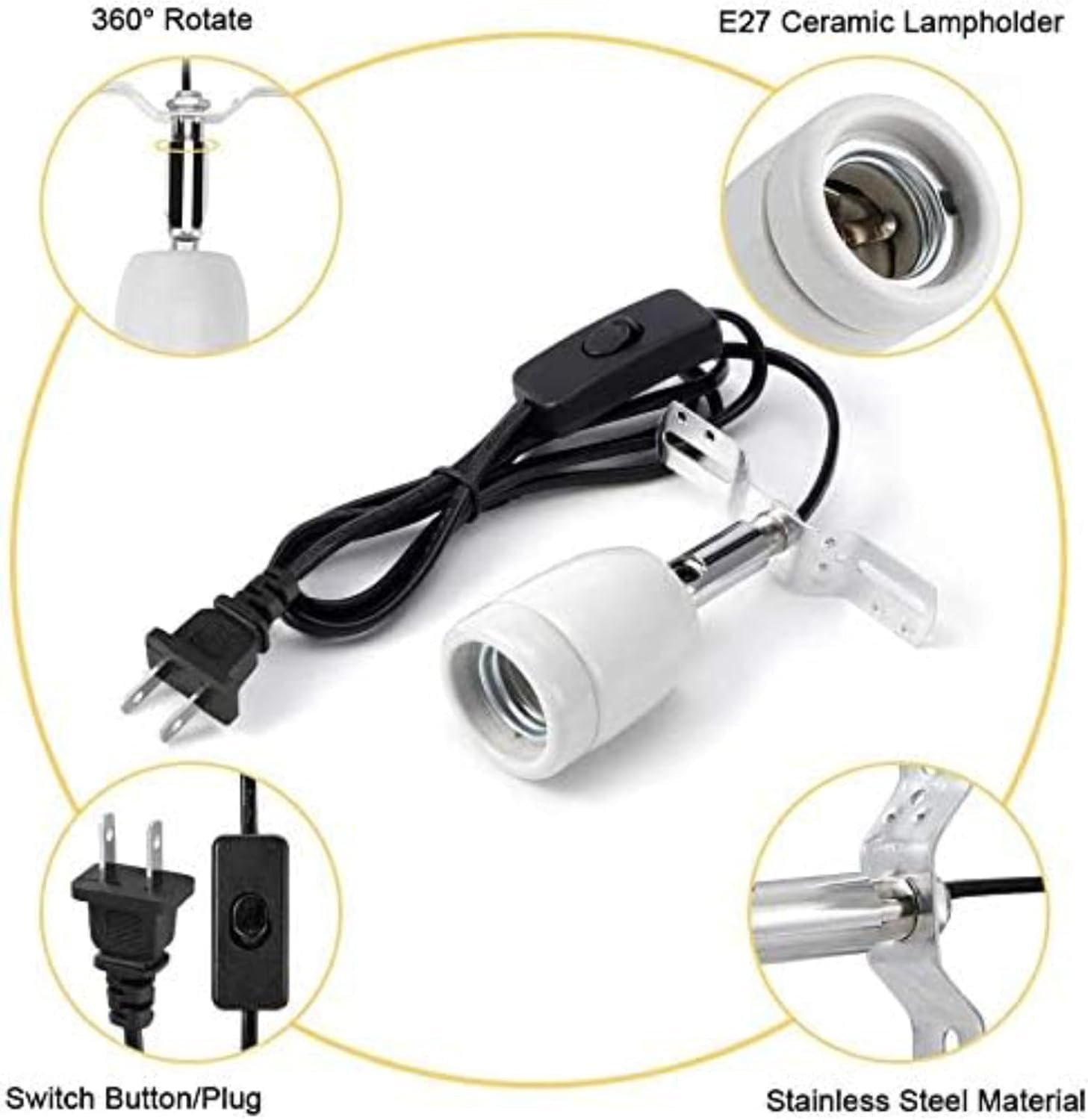 CHICIRIS 300W Lamp Socket, 360° Rotatable Heating Light Adjustable Bracket Kit with One-Button Switch, E26/E27 Ceramic Lamp Holder, for Aquarium, Lizard, Tortoise, Snake (Without