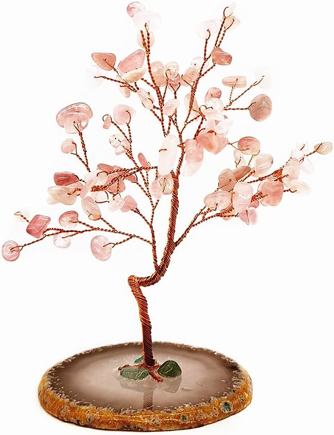 Quartz Crystal Feng Shui Money Tree Natural Agate Flakes Geode Base Bonsai Style Decoration for Luck and Wealth 3.6"- 4.6" (Pink)