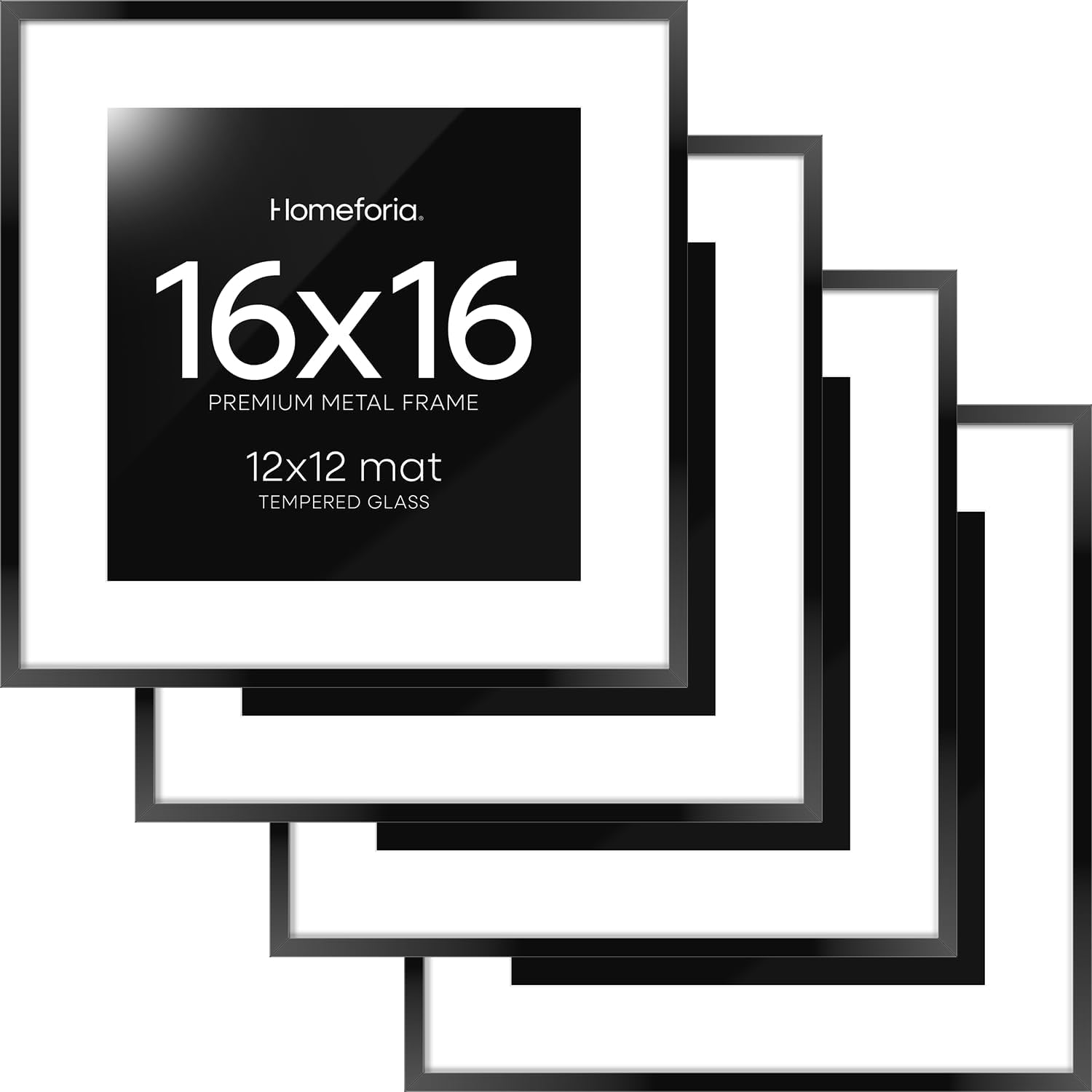 Homeforia 16x16 Picture Frame Black, High End Metal 16x16 Square Poster Frame Matted to 12x12 Print, 16 x 16 Black Frames with Mat 12 x 12 Photo, 16by16 Thin Frames, Tempered Glass, Wall Kit, Set of 4