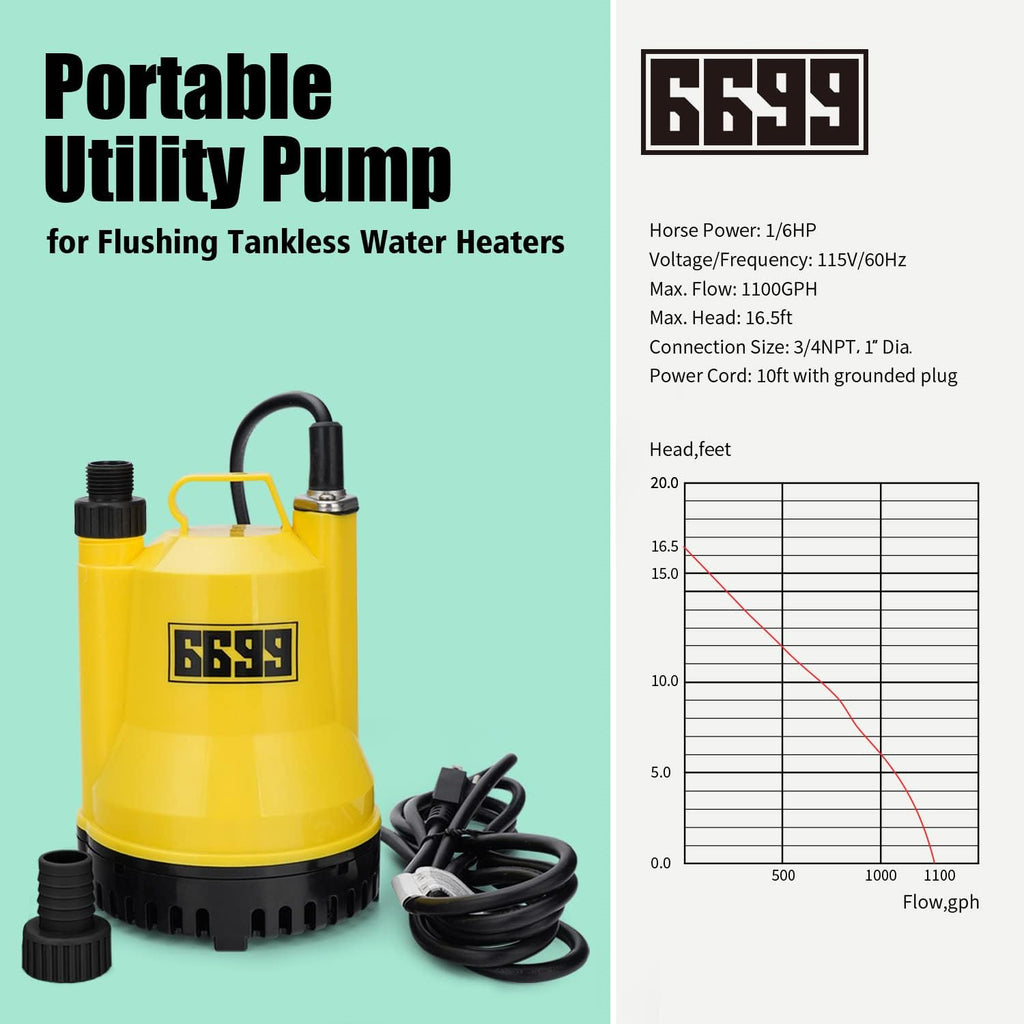 Tankless Water Heater Descaling Flush Kit Includes Submersible Utility Pump with Adapters 3 Gallons Pail with Bucket Lid Opener and Two 3/4" GHT X 6FT PVC Black Hoses Easy Installation to Clean
