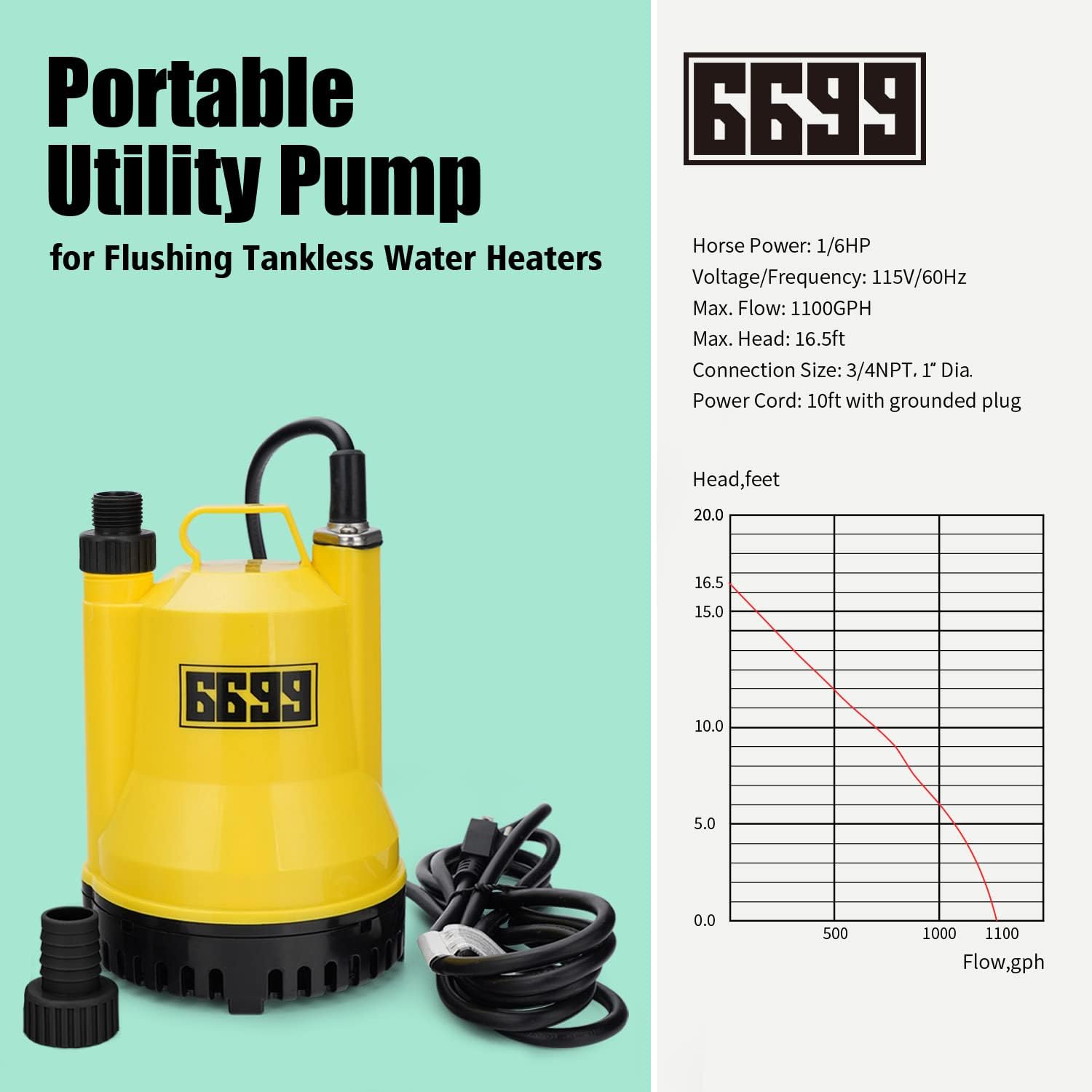 Tankless Water Heater Descaling Flush Kit Includes Submersible Utility Pump with Adapters 3 Gallons Pail with Bucket Lid Opener and Two 3/4" GHT X 6FT PVC Black Hoses Easy Installation to Clean