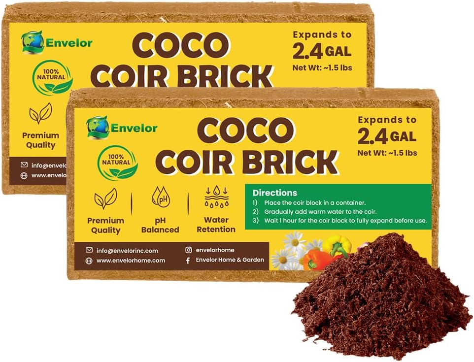 Coco Coir for Plants 2-Pack – 2.4 Gallons Compressed Coconut Coir Bricks, 1.5 lb. Low EC, pH Balanced Coco Peat for Indoor & Outdoor Gardening, Potting Soil, Indoor Plant Soil