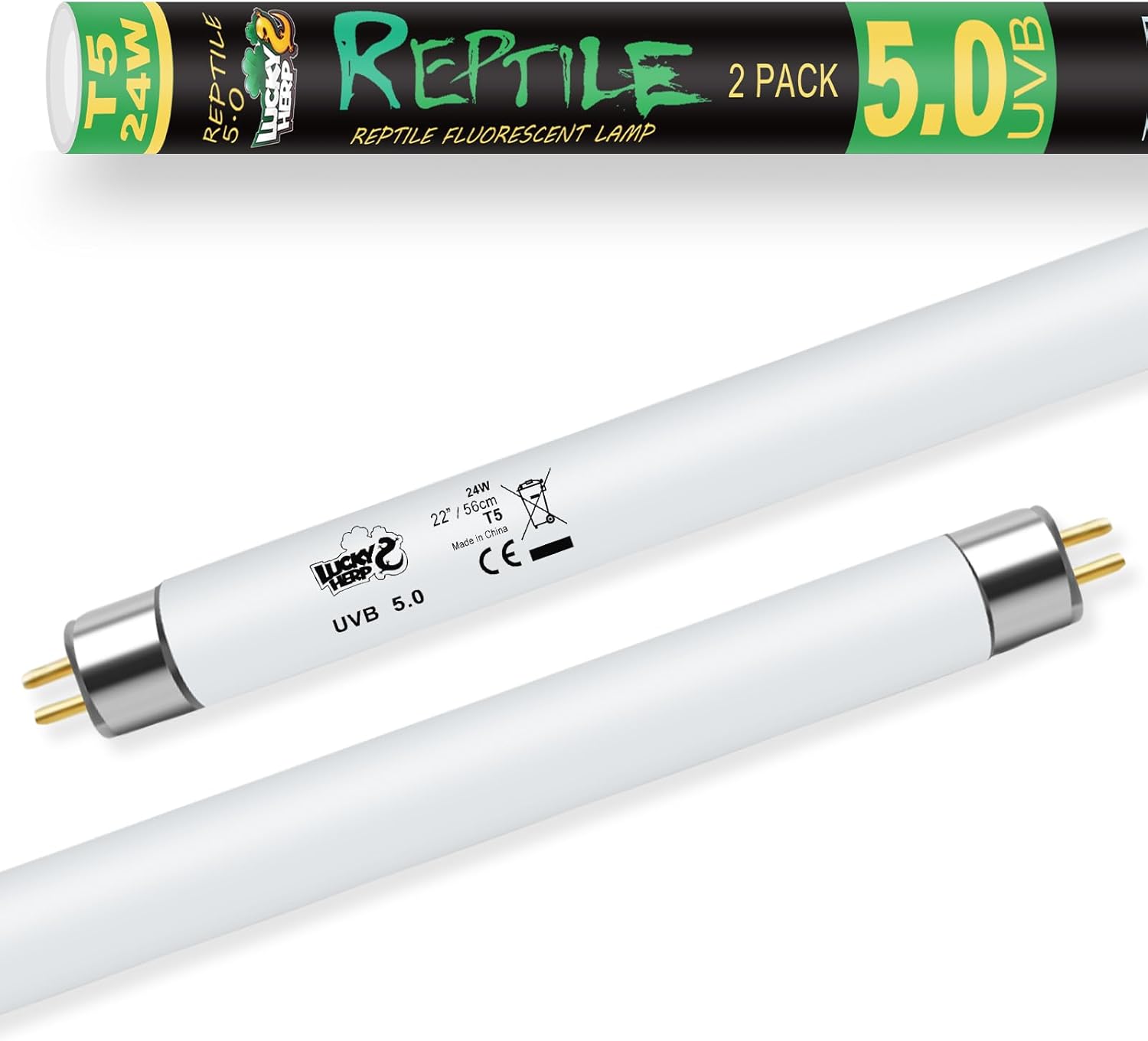 LUCKY HERP 2 Pack T5 UVB 5.0 Reptile Light 24W, UVA UVB Fluorescent Lamp Tube, UVB Lighting Bulb for Turtles, Chameleon, Tortoises, Lizard