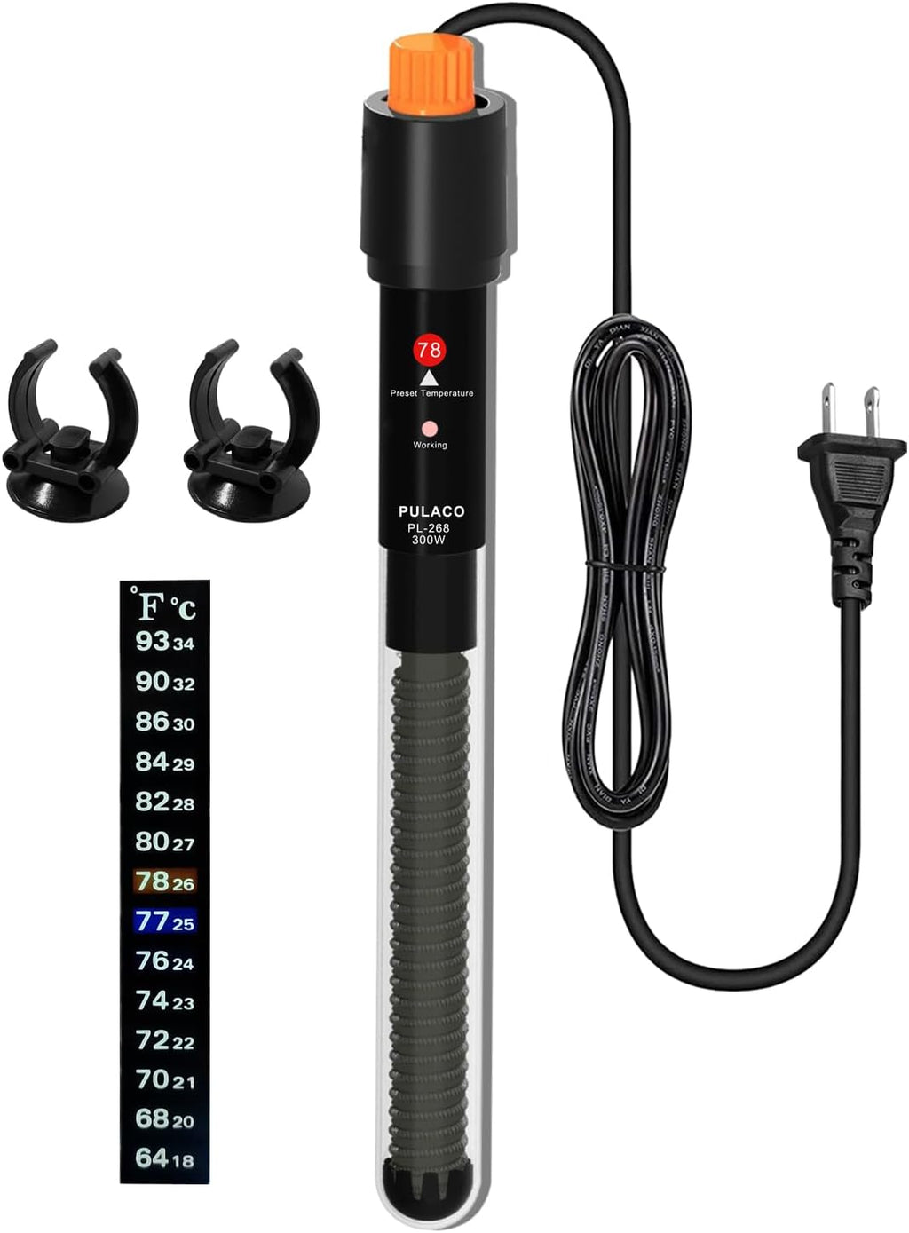 PULACO 300Watt Aquarium Heater for 40-50 Gallon Fish Tank, Adjustable Submersible Heater Thermostat with Thermometer Strip and Suction Cup