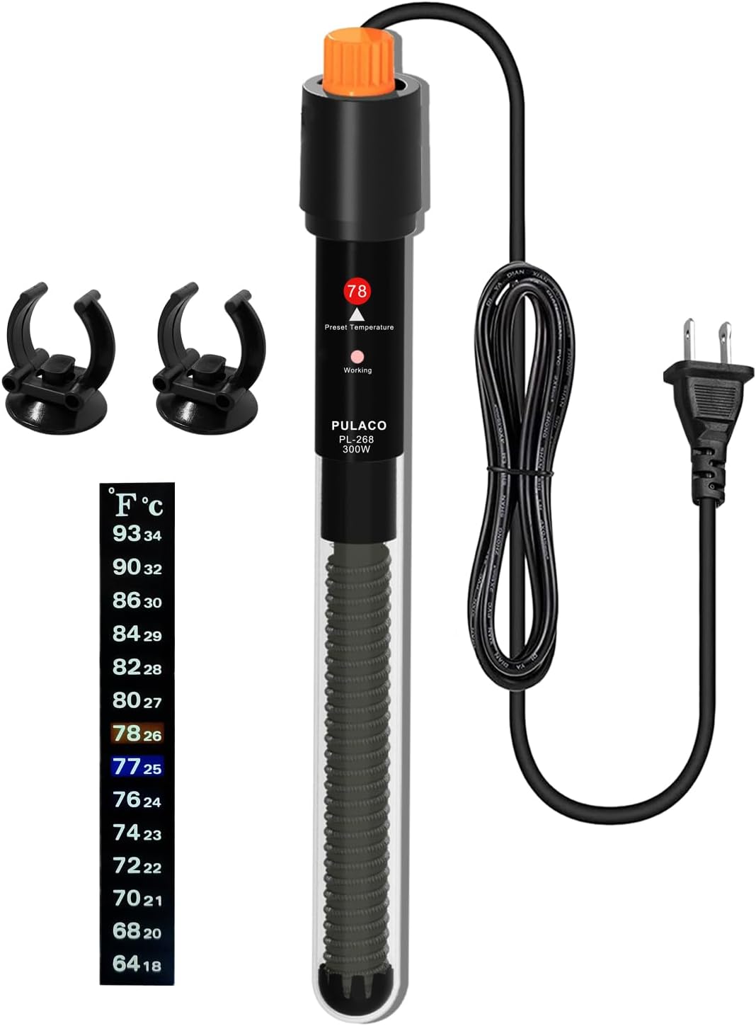 PULACO 300Watt Aquarium Heater for 40-50 Gallon Fish Tank, Adjustable Submersible Heater Thermostat with Thermometer Strip and Suction Cup