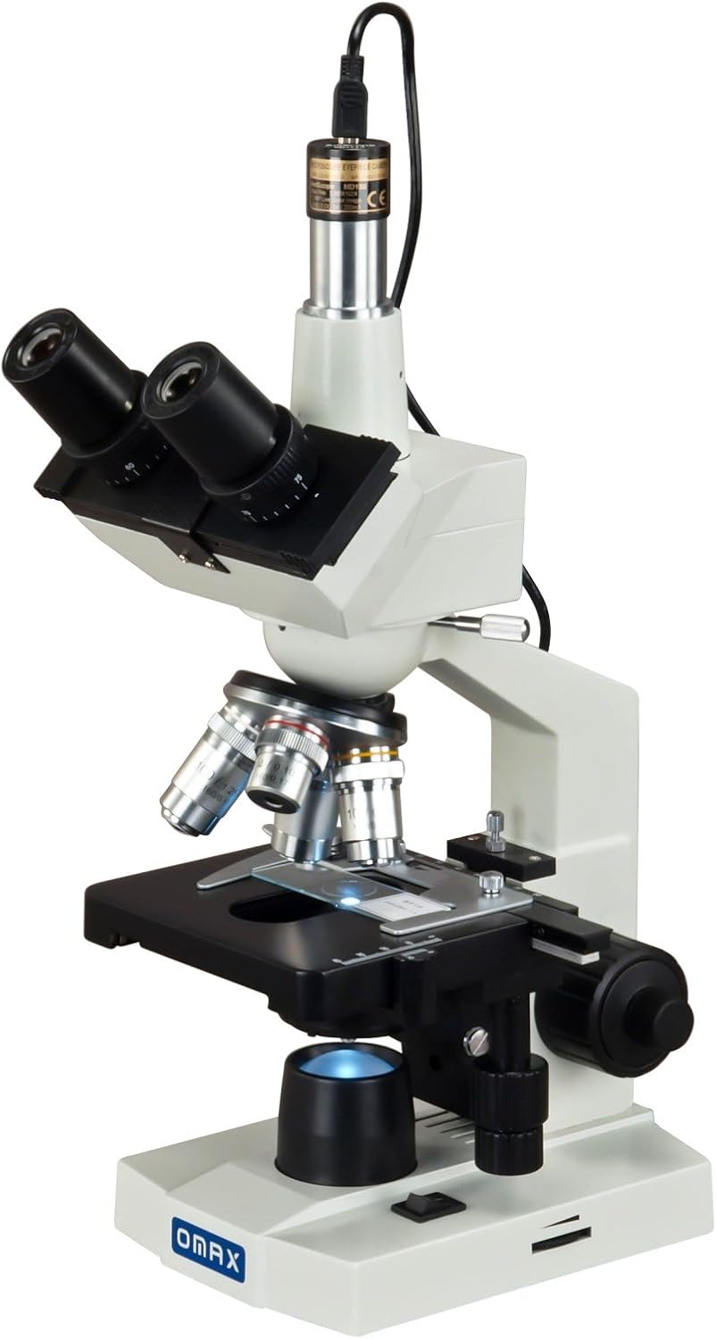 OMAX 40-2500X LED Digital Trinocular Compound Microscope 1.3MP Camera + Blank Slides + Covers + Lens Paper