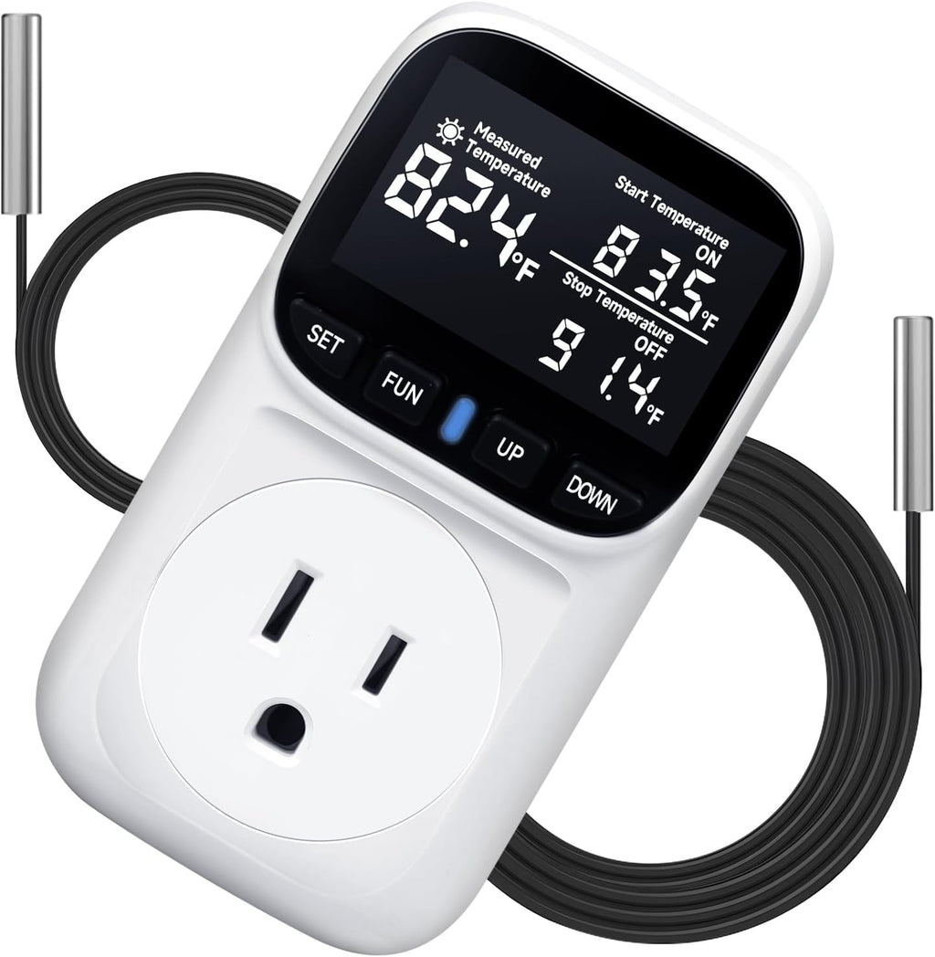 Digital Thermostat Outlet, Plug in Thermostat for Heater, Reptile & Greenhouse - 15A/1800W Temperature Controlled Plug with VA Display, Cyclic Timing/Countdown (-40°F~210°F), White