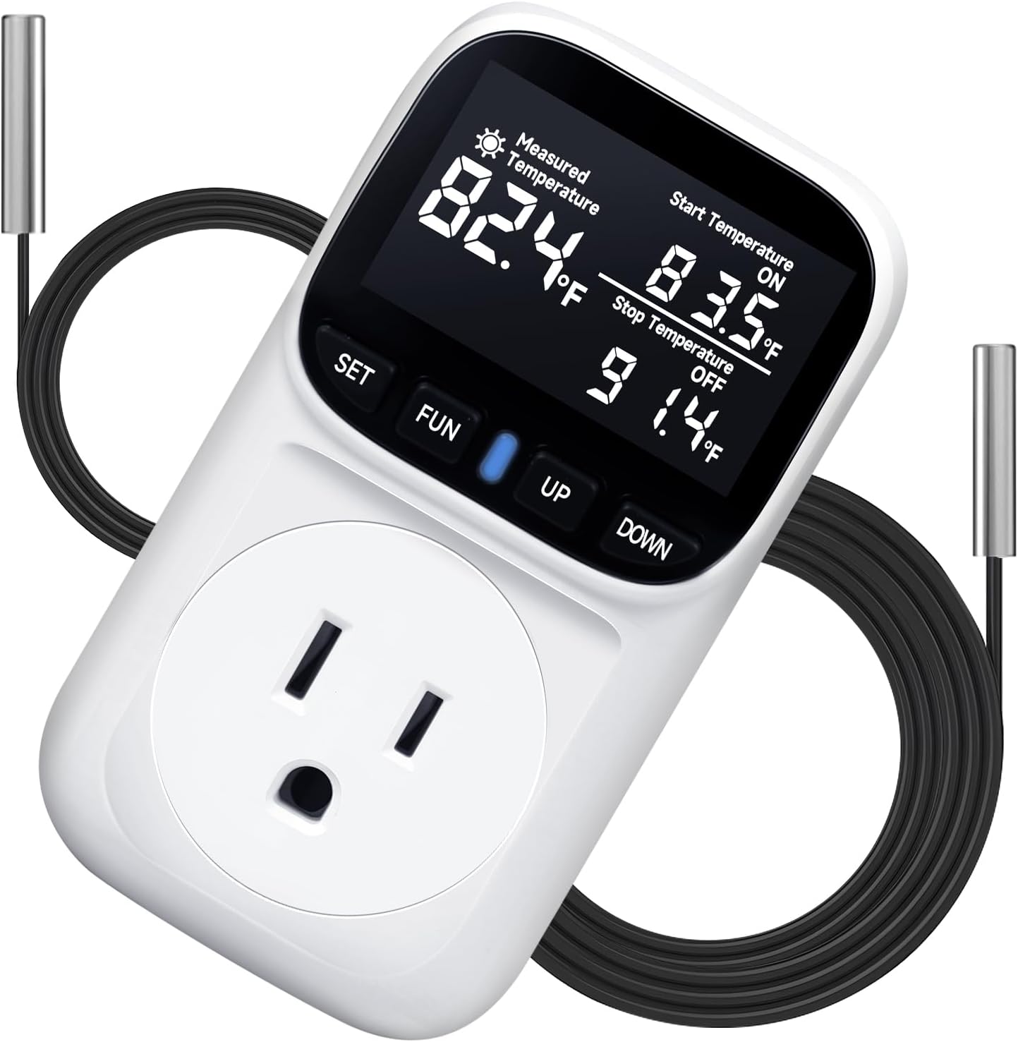 Digital Thermostat Outlet, Plug in Thermostat for Heater, Reptile & Greenhouse - 15A/1800W Temperature Controlled Plug with VA Display, Cyclic Timing/Countdown (-40°F~210°F), White