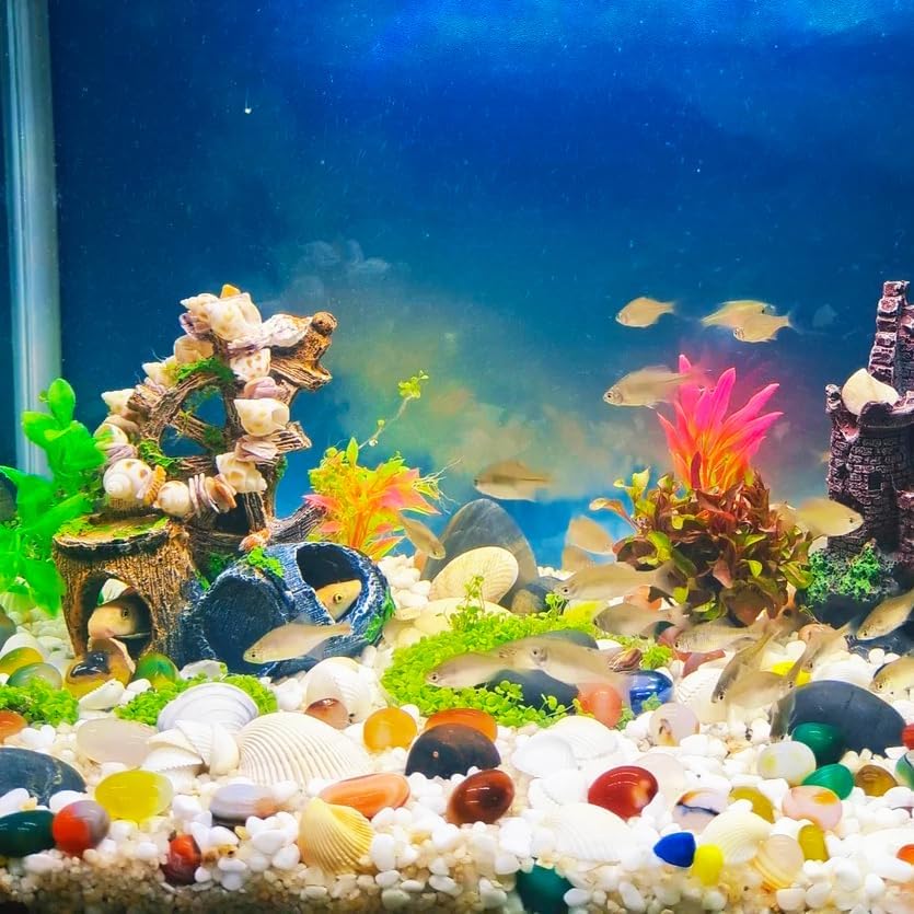 Mipukbay Fish Tank Decoration, Broken Ship Wheel & Cask Aquarium Decor Hiding Cave Ornament Landscaping Rock Resin Decoration
