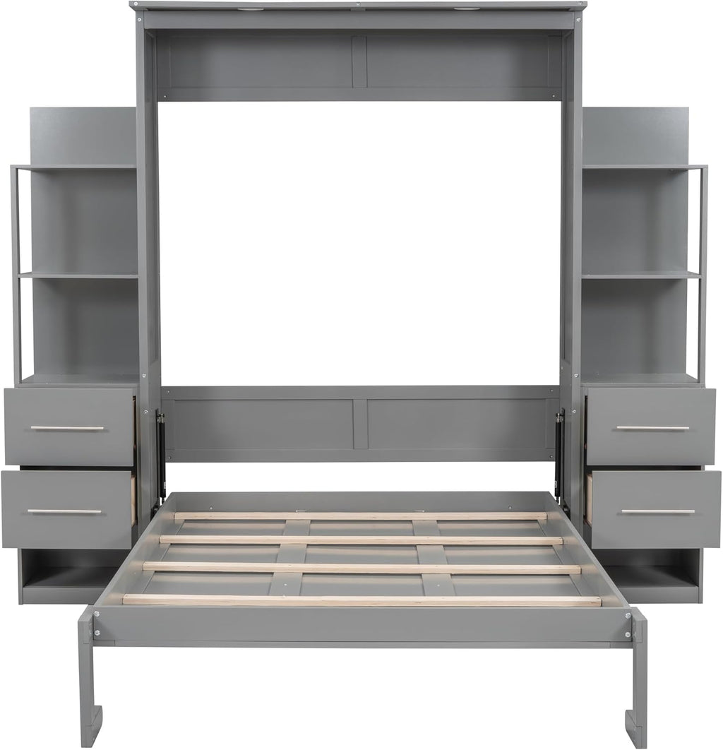 MERITLINE Full Murphy Bed with Storage Drawers,LED Lights and Storage Bookcase Shelves,Wood Murphy Wall Bed Cabinet for Adults