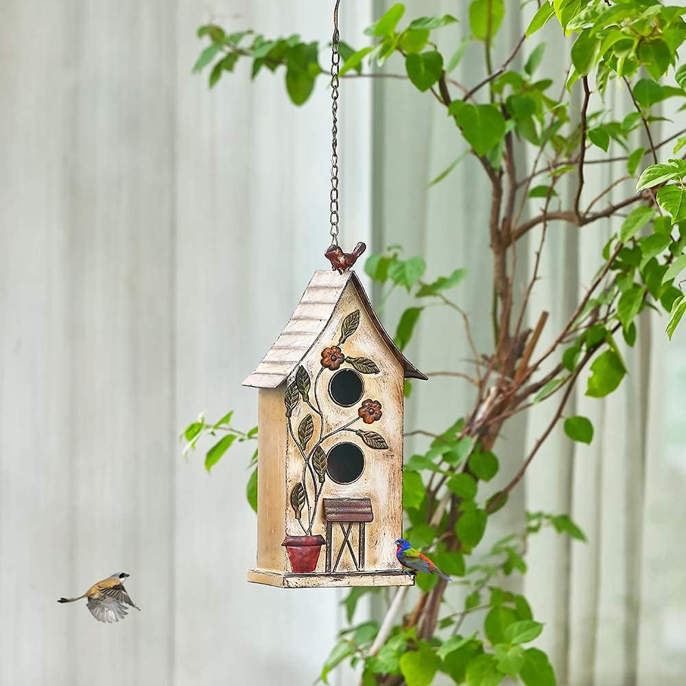 Jemeni 15" H Distressed Metal Birdhouses for Outdoors Hanging, Bird House Decorative for Outside Garden Yard, Double Hole with Floral Accents…………