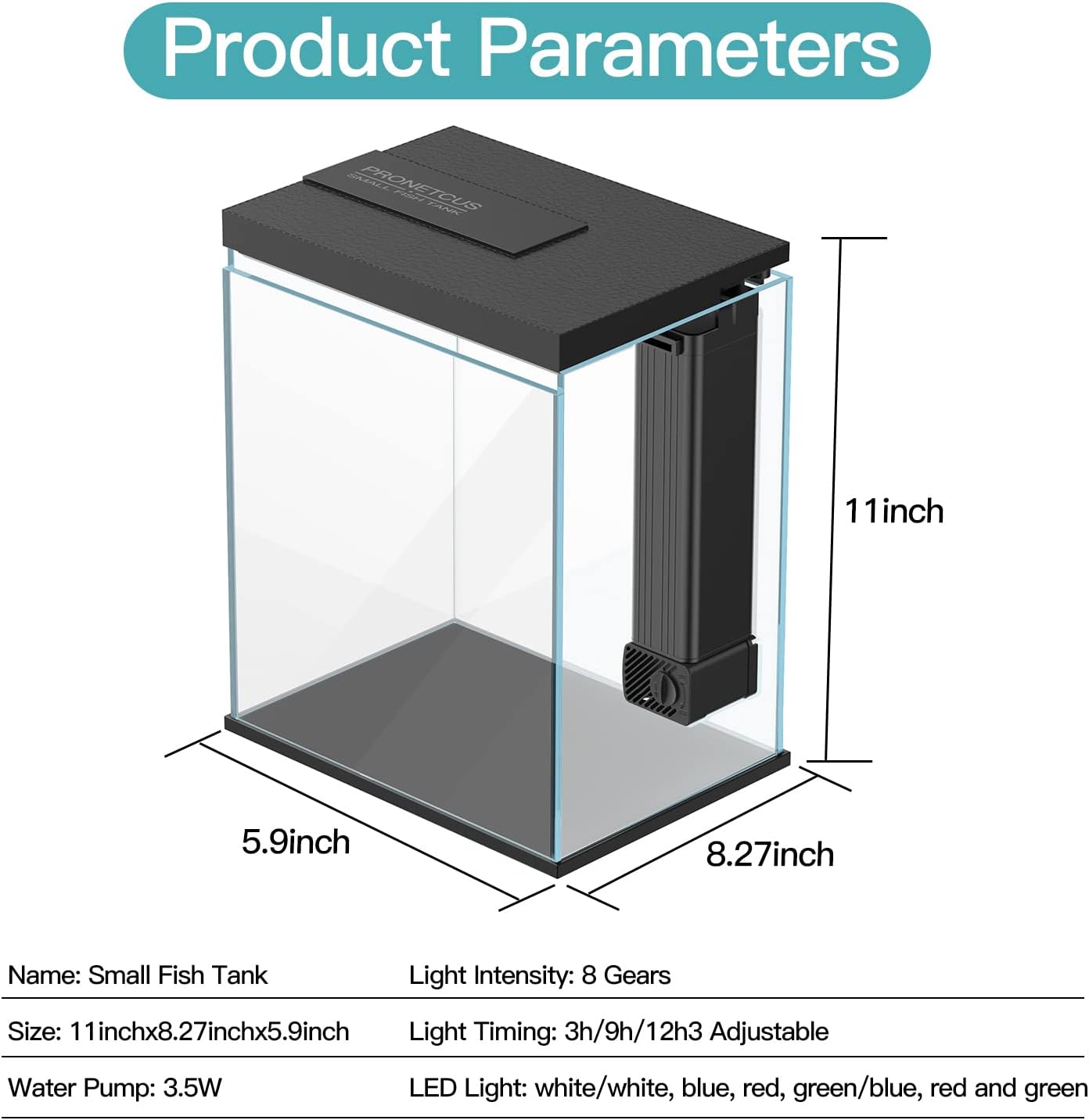 Betta Fish Tank, 2 Gallon Glass Aquarium Starter Kit, Small Fish Tank with Filter and Light.(Black)