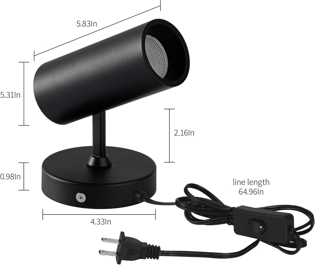Aisilan 2 Pack LED Black Plug in Spotlight with On/Off Switch Uplight Spotlight Indoor Accent Ceiling Spot Light for Plant Background Wall Spotlight Warm White 12W CREE COB CRI 97, MS007A