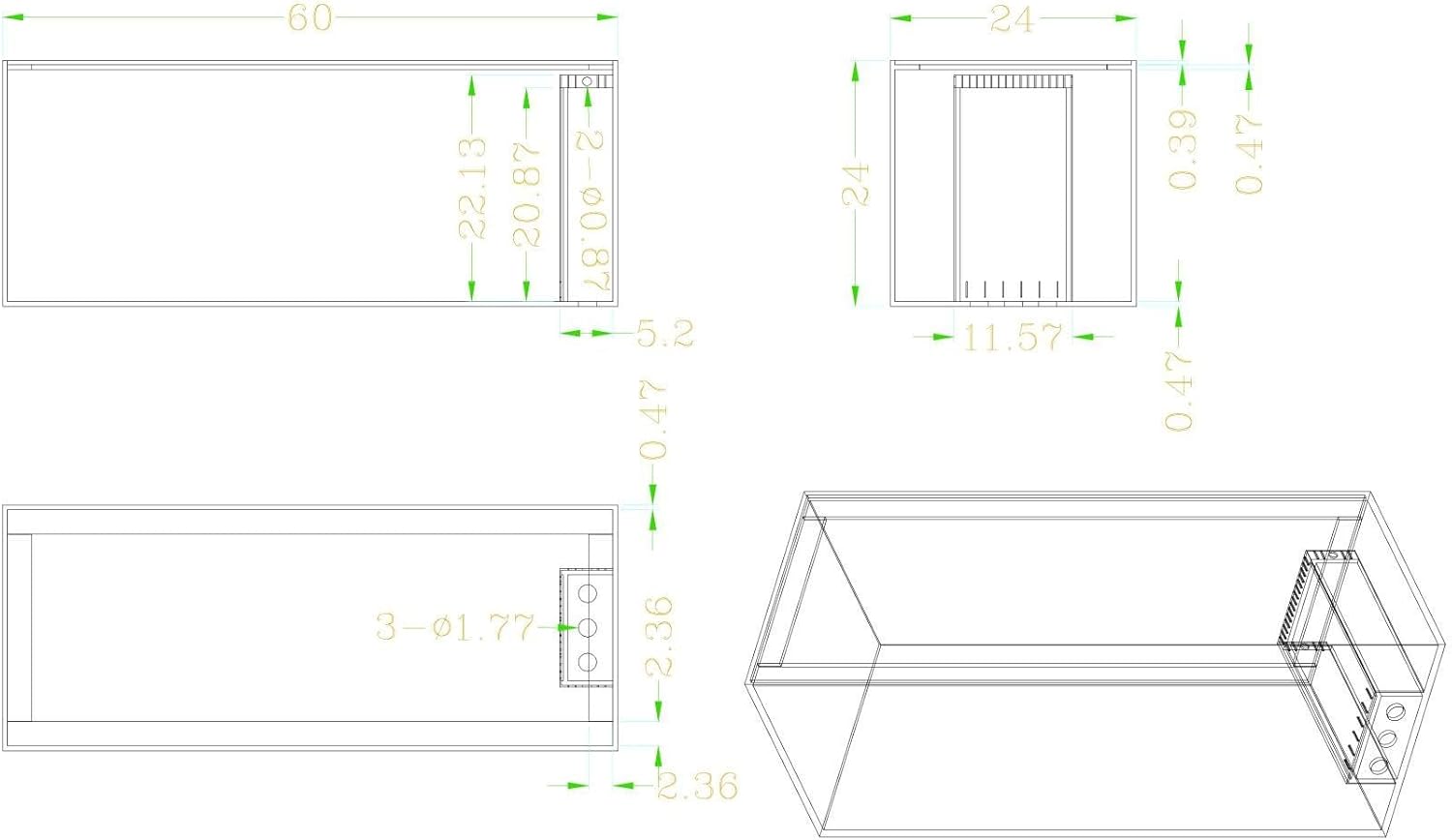150G-3H-P Starfire Aquarium 60x24x24 H 12mm Built-in Overflow Peninsula Style