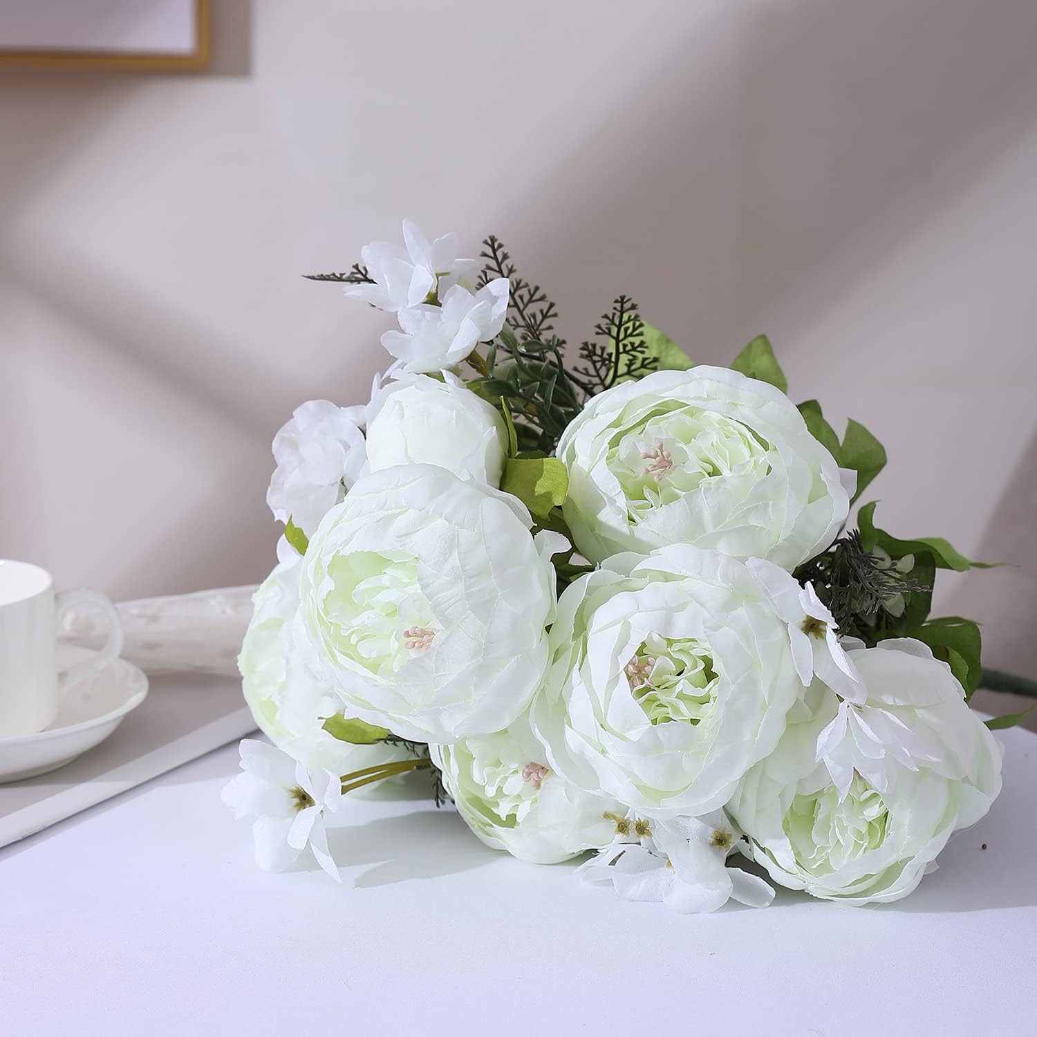 Duovlo Springs Flowers Artificial Silk Peony Bouquets Wedding Home Decoration,Pack of 1 (Spring White)