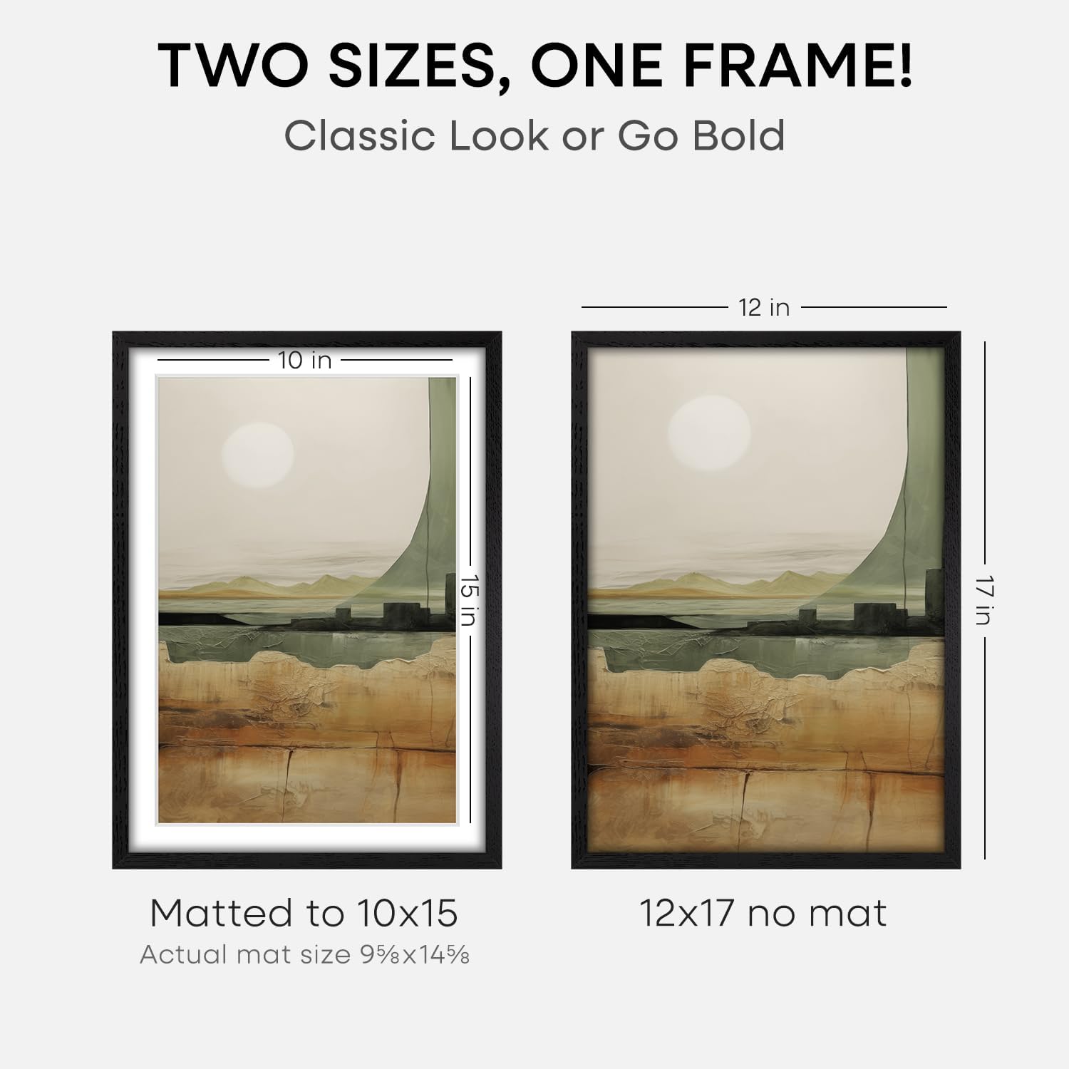 Homeforia 12x17 Picture Frame Black Wood, High End Oak 12x17 Poster Frames with Mat 10x15 Photo, 12 x 17 Wooden Frame Matted to 10 by 15 Print, 17x12 Hanging Frames, Tempered Glass, Wall Kit, Set of 2