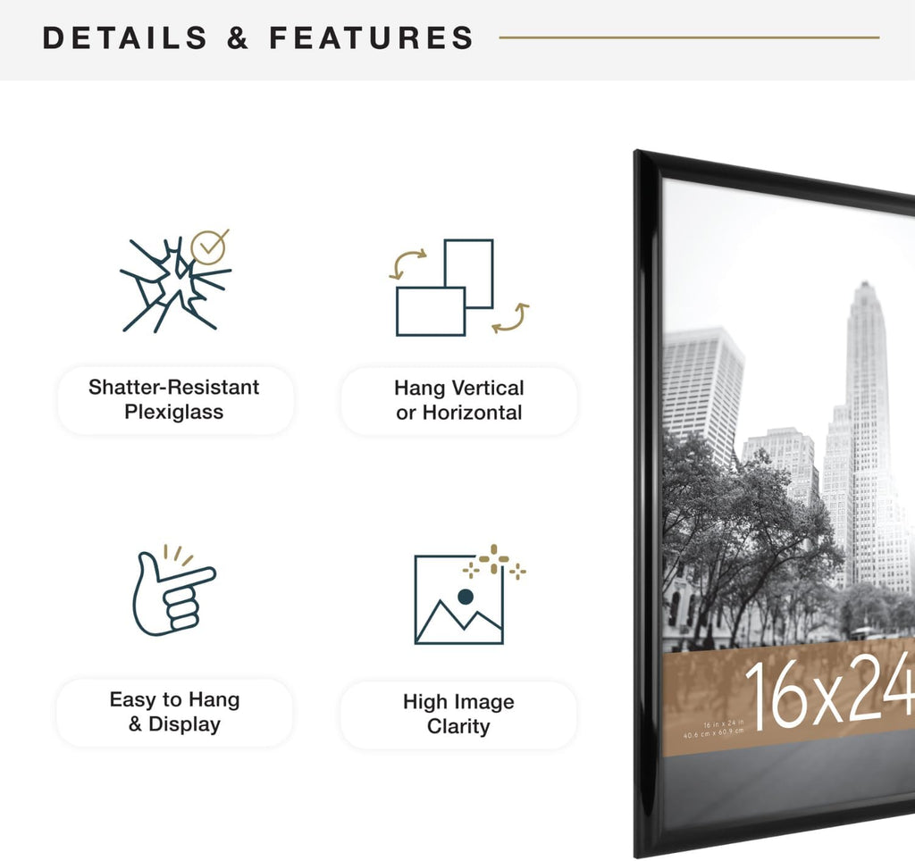 MCS Trendsetter 16x24 Poster Frame Black High-Gloss, Vertical & Horizontal Wall Hanging Large Picture Frame for Photos, Posters & Art Prints (2-Pack)