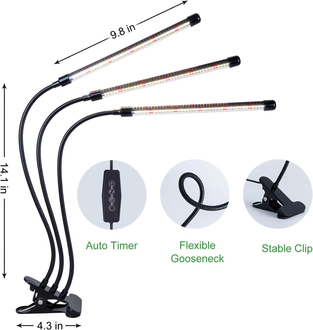 ELITUN Grow Lights for Indoor Plants, 3000k/5000k/660nm Full Spectrum Plant Light with 3/9/12H Timer, 9 Brightness Levels, Auto ON/Off, 3 Heads Clip 126 LEDs Plant Grow Lamps