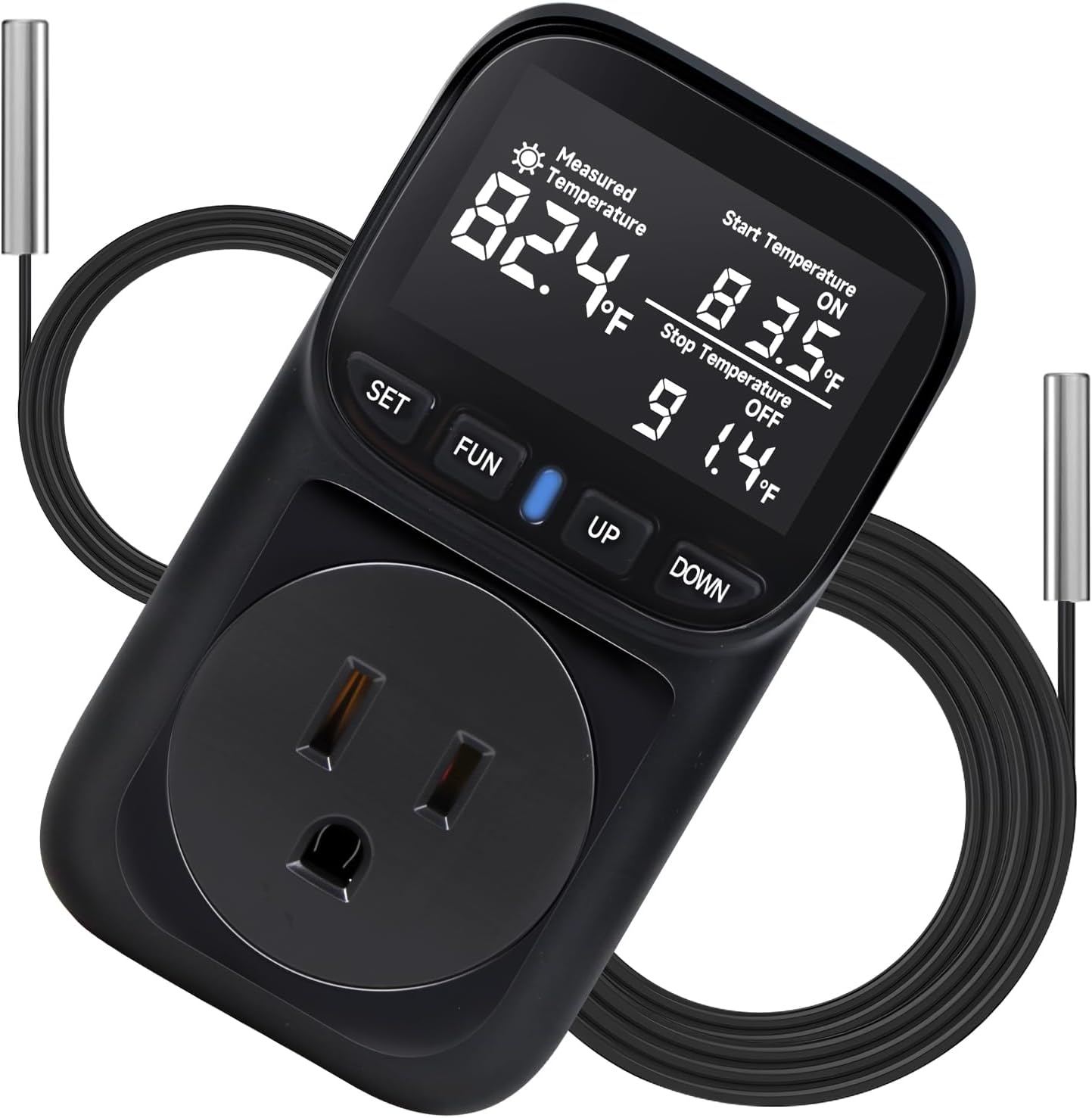 Digital Thermostat Outlet, Plug in Thermostat for Heater, Reptile & Greenhouse - 15A/1800W Temperature Controlled Plug with VA Display, Cyclic Timing/Countdown (-40°F~210°F) Black