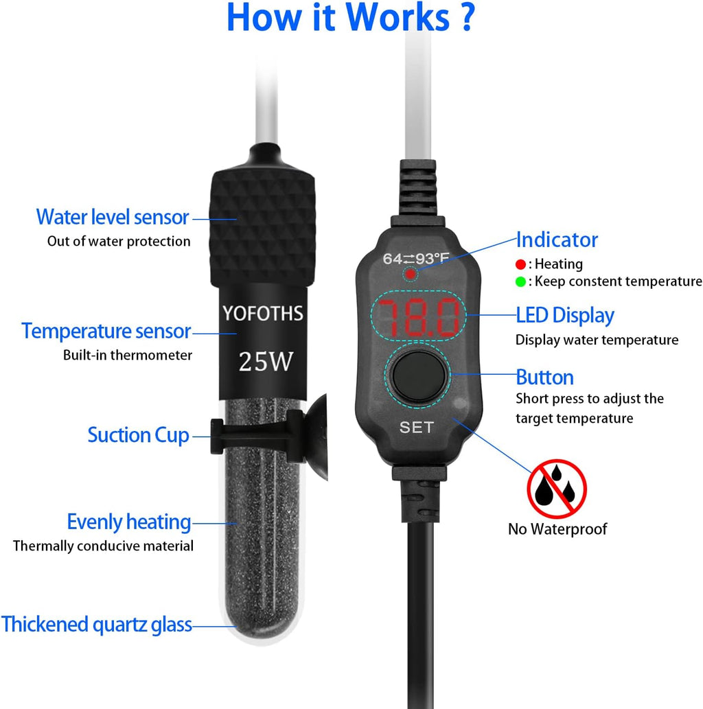 Adjustable Mini Aquarium Heater3-5 Gallons Submersible Small Fish Tank Heater 25W Digital Display Thermostat External Temperature Controller (25W)