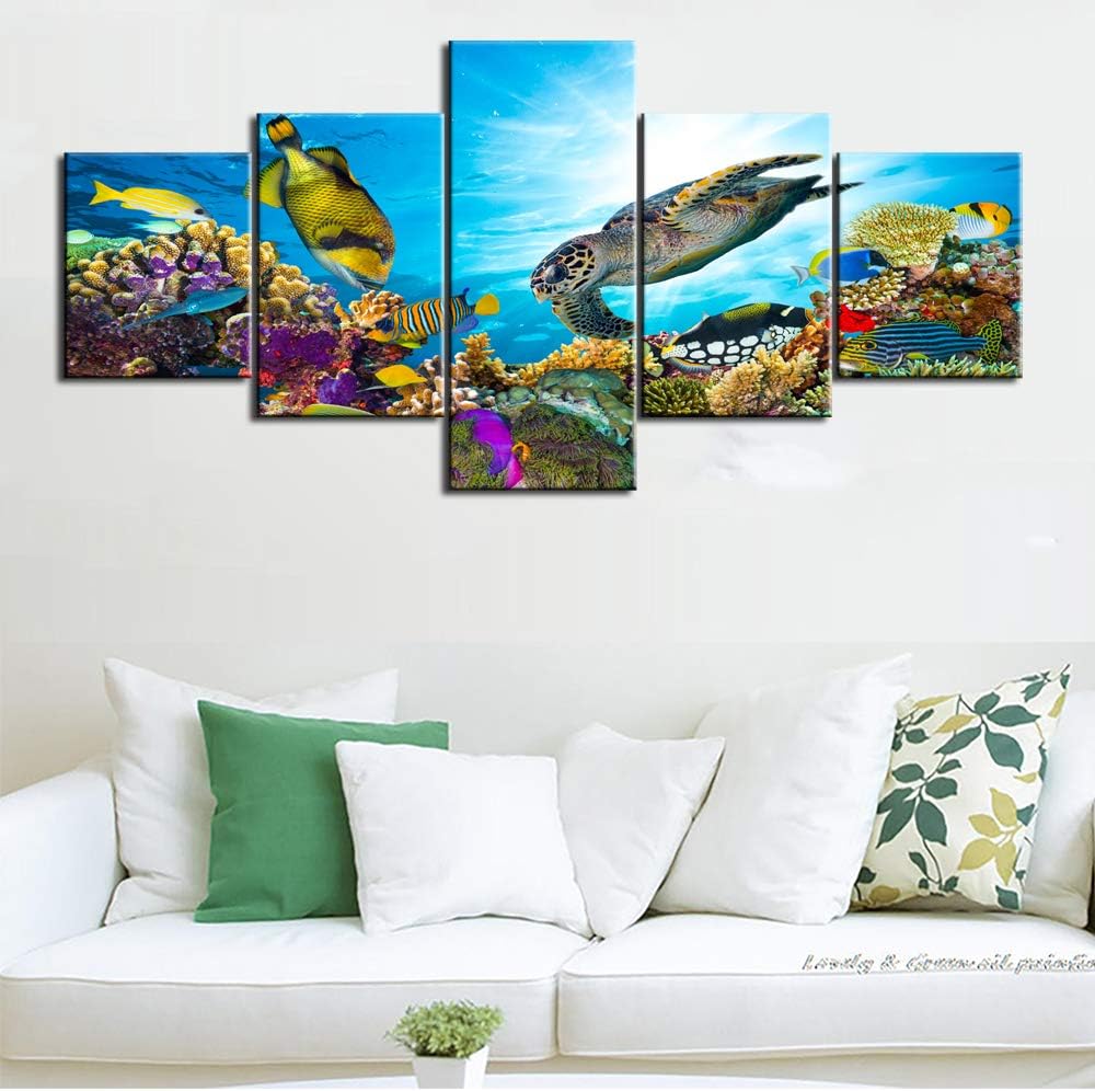 Underwater World Picture Turtle and Fish Paintings House Decoration Living Room Multi Panel Prints on Canvas Coral Reef Wall Art Contemporary Artwork Stretched Framed Giclee Ready to Hang(50''Wx24''H)