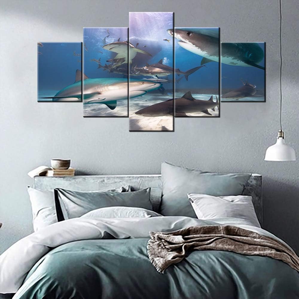 5 Pieces Wall Art Blacktip Reef Shark Paintings Underwater Pictures for Living Room Big Fish Canvas HD Prints Contemporary Artwork Rustic House Decor Giclee Framed Stretched Ready to Hang(60”WX32”H)