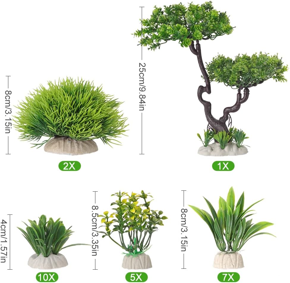 BEGONDIS 25Pcs Artificial Aquarium Tree & Plants Set - Green Fake Aquatic Plants for Aquarium Decorations