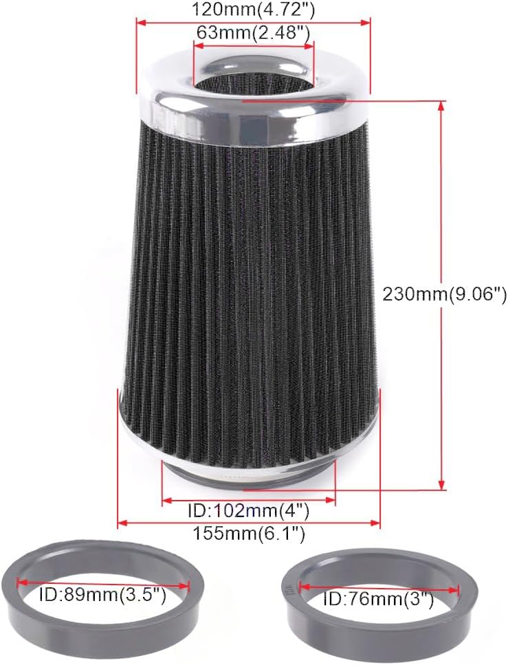 4-Inch Cold Air Intake Filter - Washable, High Performance, 3" or 3-1/2" or 4" Clamp-On Replacement Air Filter Black (8" Tall)