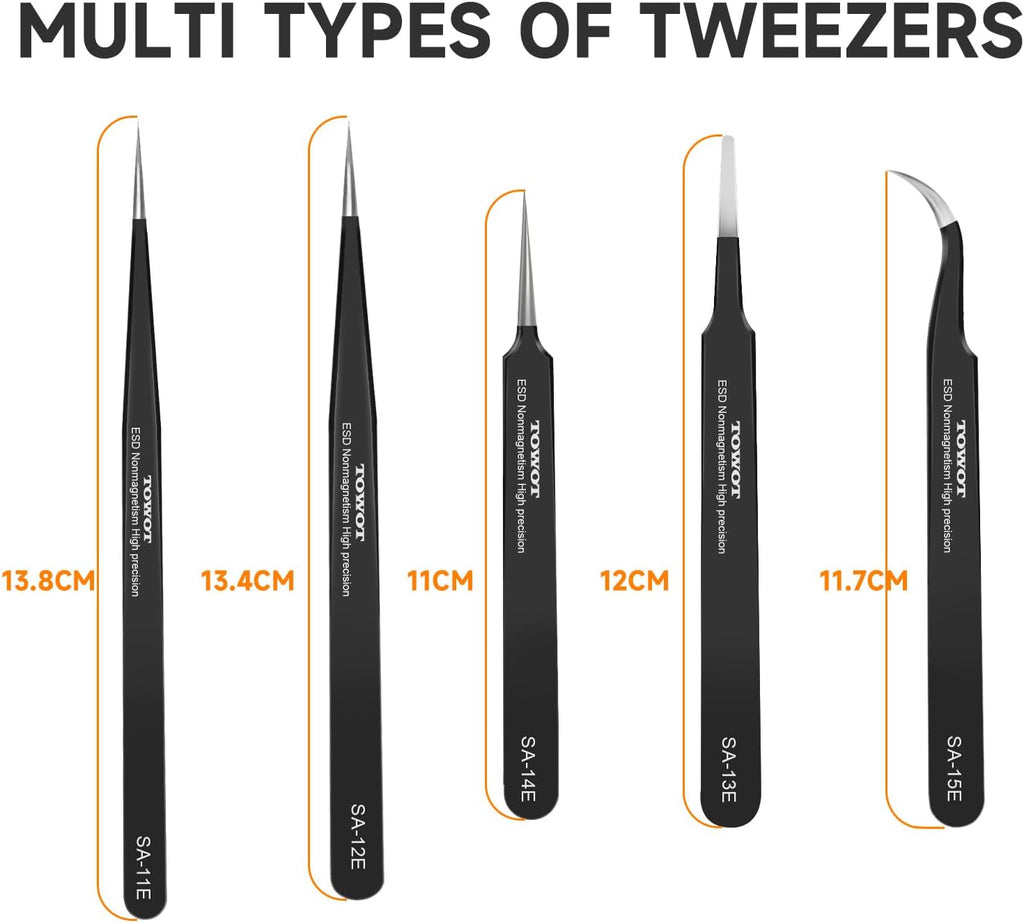 TOWOT Precision Tweezers, Upgraded Anti-Static Stainless Steel for Electronics, Craft, Soldering, and Experimental Work, Jewelry Making Curved Tweezers