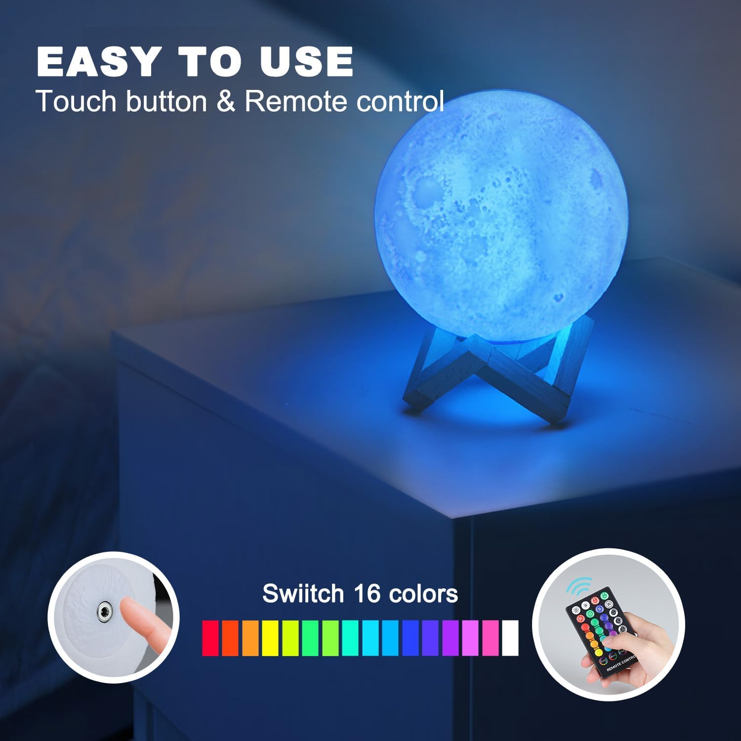 Moon Lamp Upgrade 16 Colors, Moon Light Gifts for Girls Boys Kids Women Birthday, Teen Gifts Trendy Stuff, Cool Astronomy Gifts, Shelf Decor, Remote & Touch Control Moon Night Light, Diameter 4.8 inch