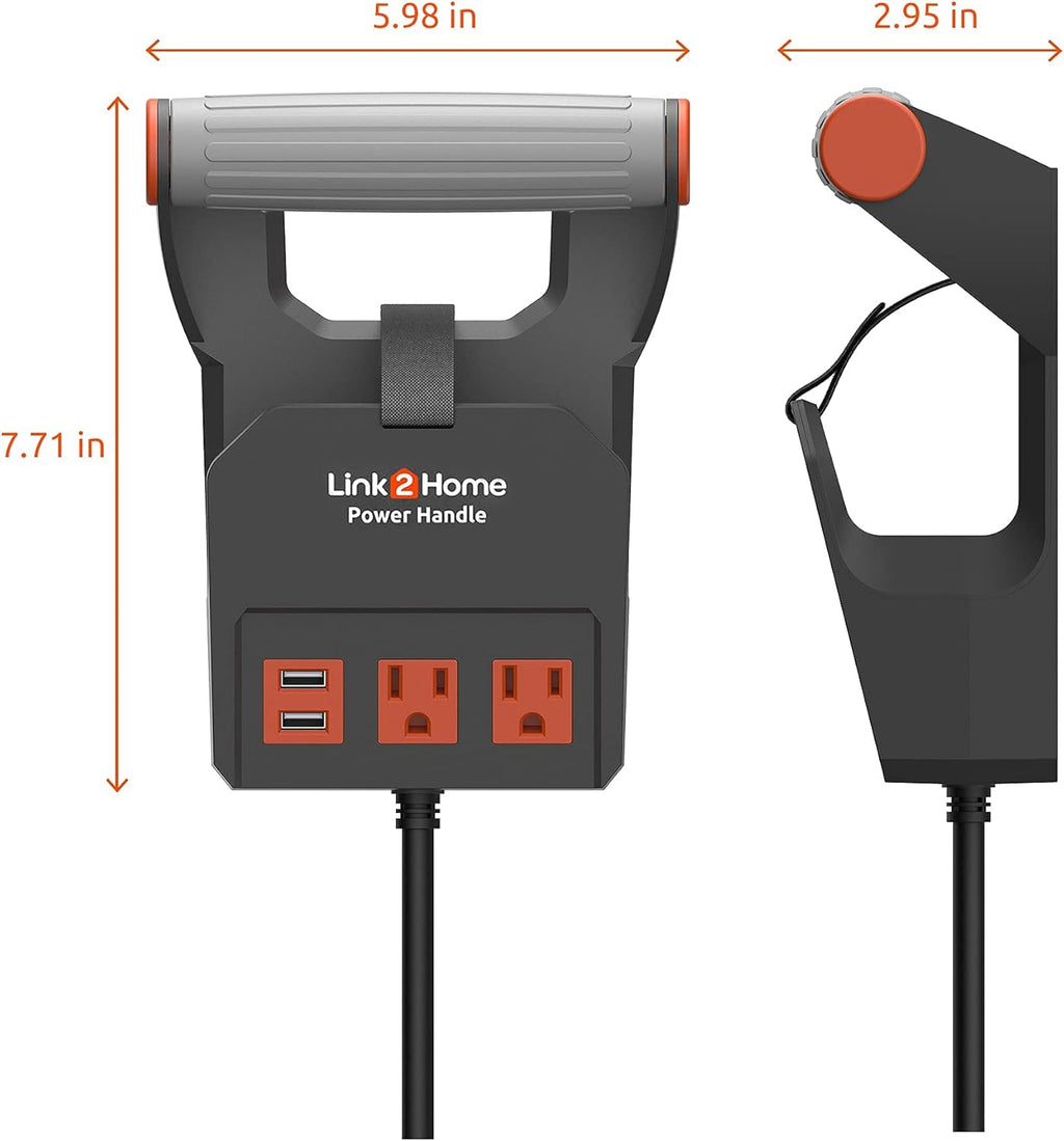 Link2Home 20 Ft. Power Handle Extension Cord W/ 2 Outlets & 2 USB Ports - Wall Bracket & Hardware Included