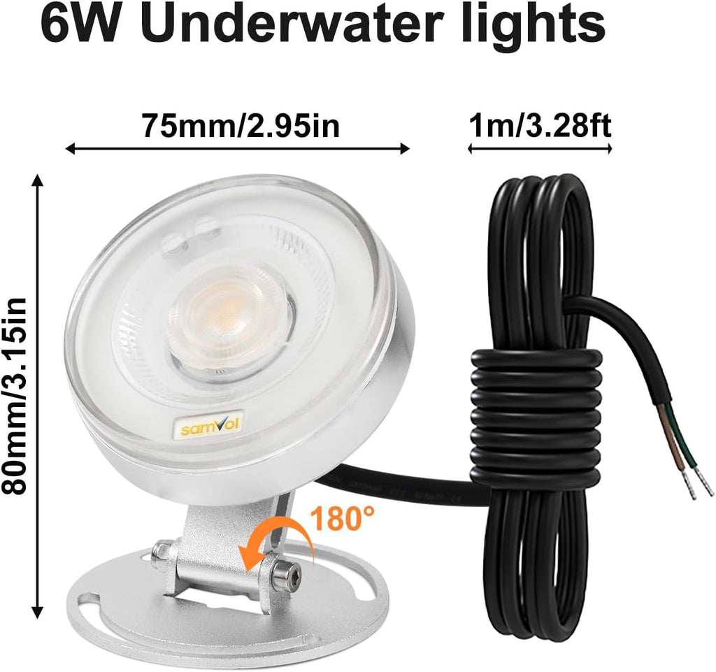 LED Underwater Pond Light, Heavy Duty Aluminum 12V 3000K Warm White IP68 Waterproof Fountain Light, Landscape Lamp for Swimming Pool, Fountain, Waterfall, Pond and Grass Land (6, Watts)