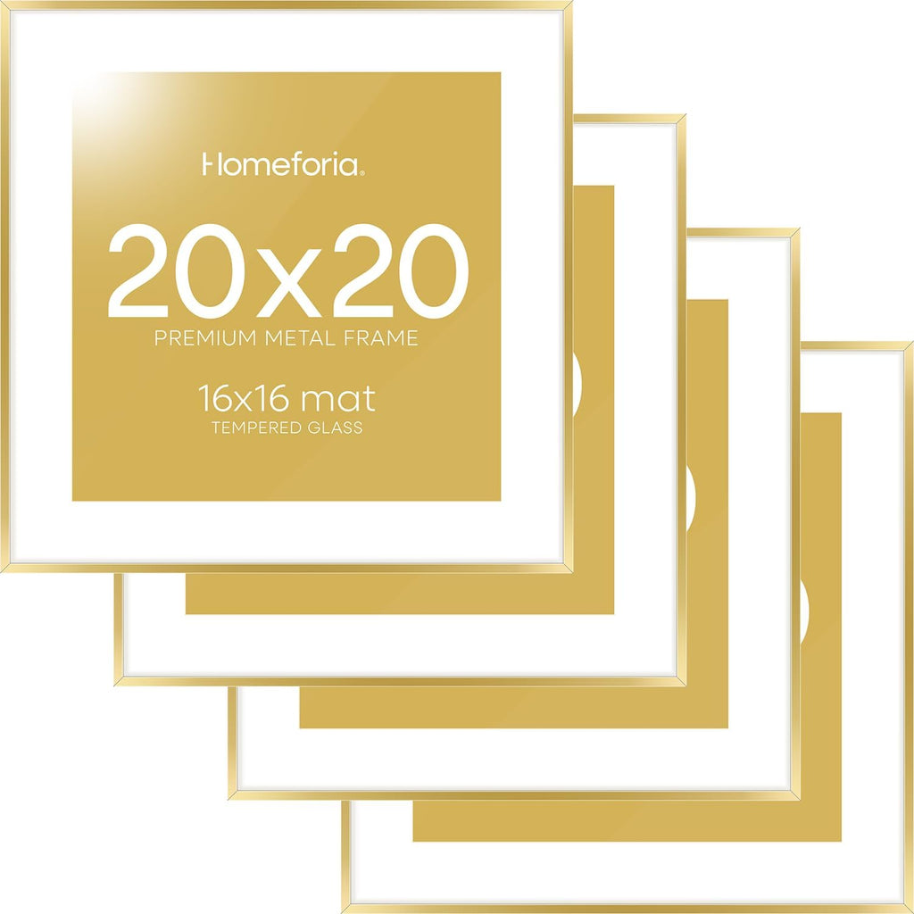 Homeforia 20x20 Picture Frame Gold, High End Metal 20 x 20 Square Poster Frame with Mat 16 x 16 Photo, 20x20 Frame Matted to 16x16 Print, 20by20 Gold Hanging Frames, Tempered Glass, Wall Kit, Set of 4