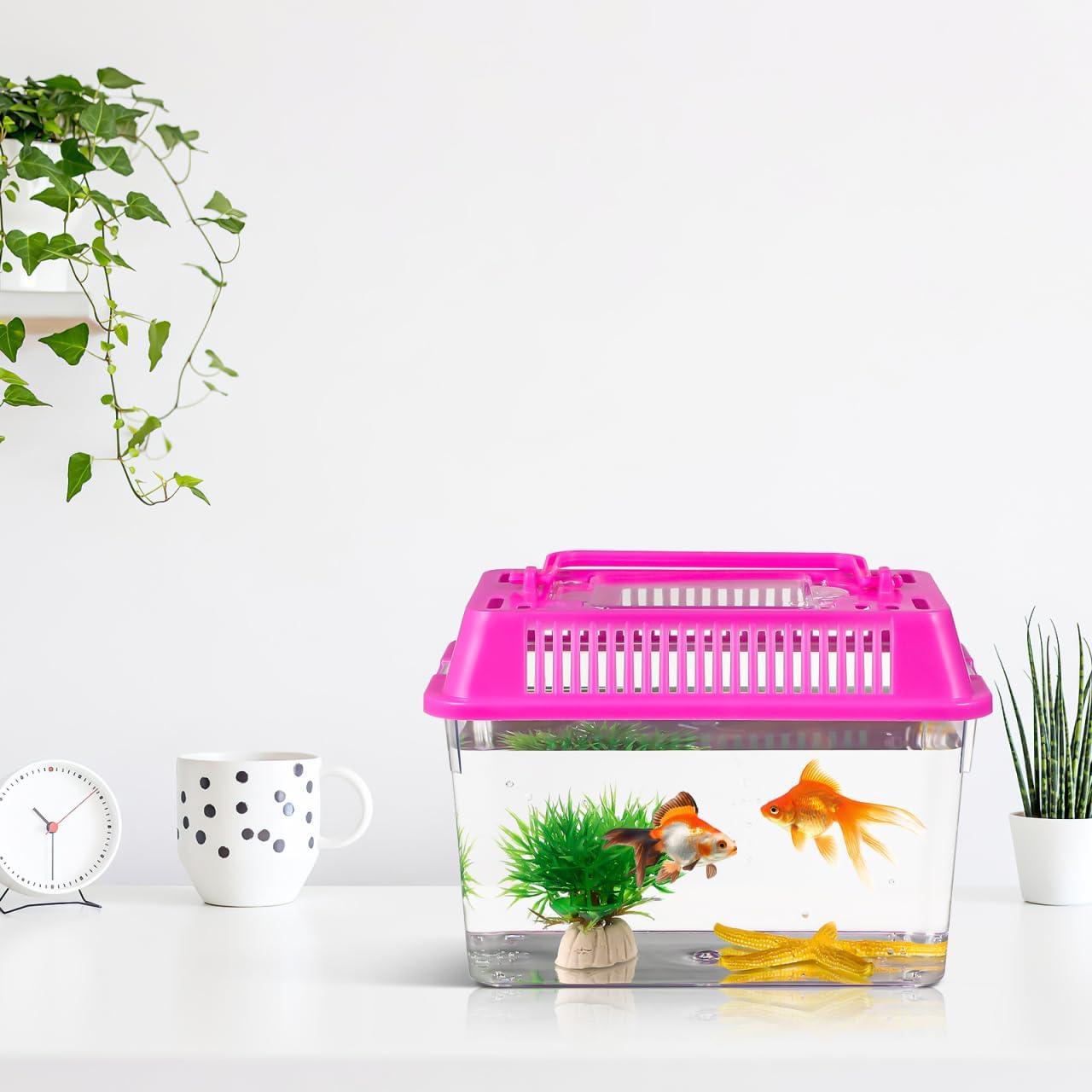 HANABASS Mini Fish Tank with Lid, Handheld Transparent Fish Box, Plastic Small Transparent Aquarium with Handle, Turtle Tortoise Habitat Tank, 5.9x4.3x3.7 Inches