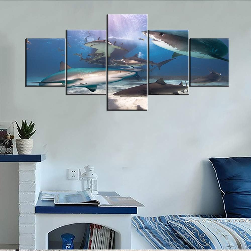 Underwater World Pictures Tiger and Lemon Sharks Paintings 5 Panel Canvas Wall Art Tropical Ocean Fish Artwork Living Room House Decorations Wooden Framed Ready to Hang Poster and Prints(50”WX24”H)
