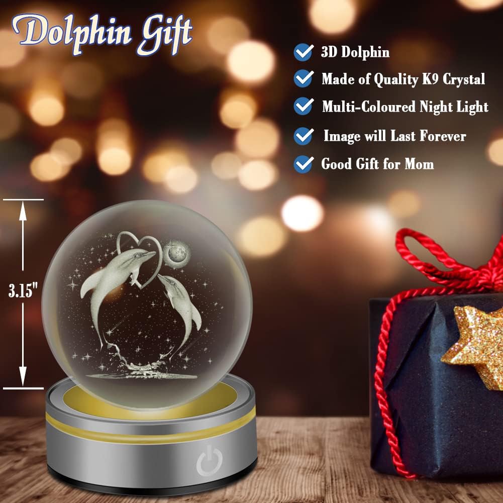 IFOLAINA 3D Dolphin Crystal Ball Night Lights Dolphin Lovers Gifts for Her Him Christmas Birthday Mothers Day Crystal Sphere Bedroom Decor