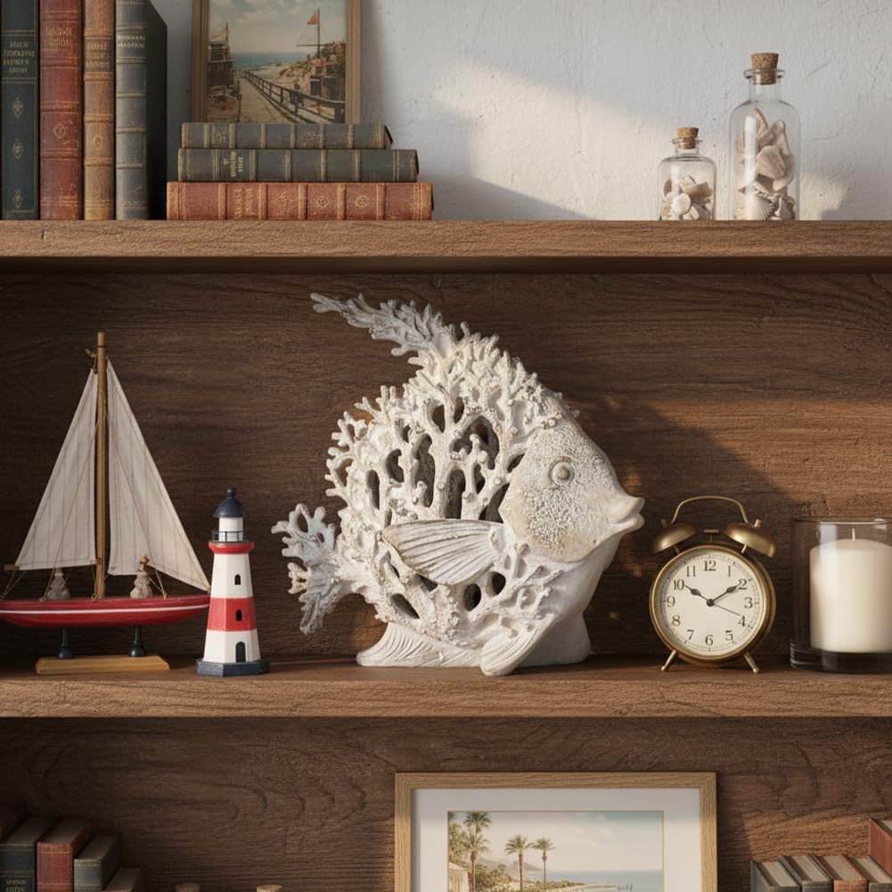 Beach Coastal Decor – 7.3in White Coral Fish Statue, Nautical Coral Reef Figurine for Living Room, Bathroom, Shelf, Desk or Coffee Table, Modern Ocean Accent & Beach House Gift