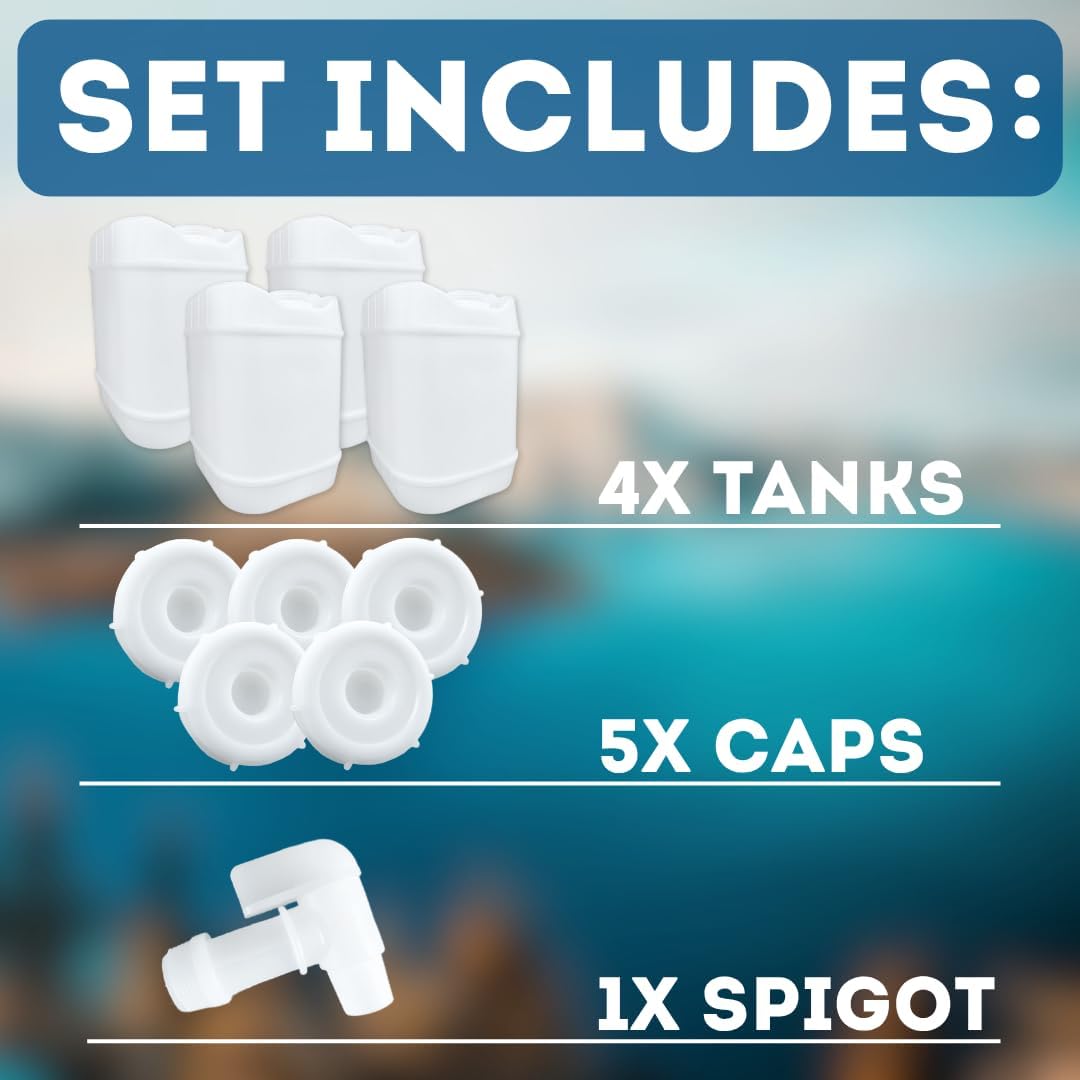 5-Gallon Stackable Water Storage Containers, 5Lids + 1 Spigot, Easy Fill, Survial Supply Emergency Water Storage for Camping and Disaster Preparedness, RV, 20 Gallon (4 Tanks)