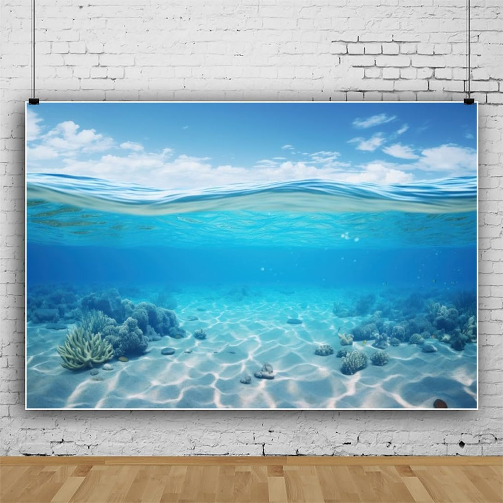 Renaiss 12x8ft Underwater Seascape Backdrop Blue Sky Sea Level Undersea Background Under The Sea Water Diving Mermaid Party Banner Sunlight Corals Seabed Fish Tank Aquarium Decor Photo Booth Props